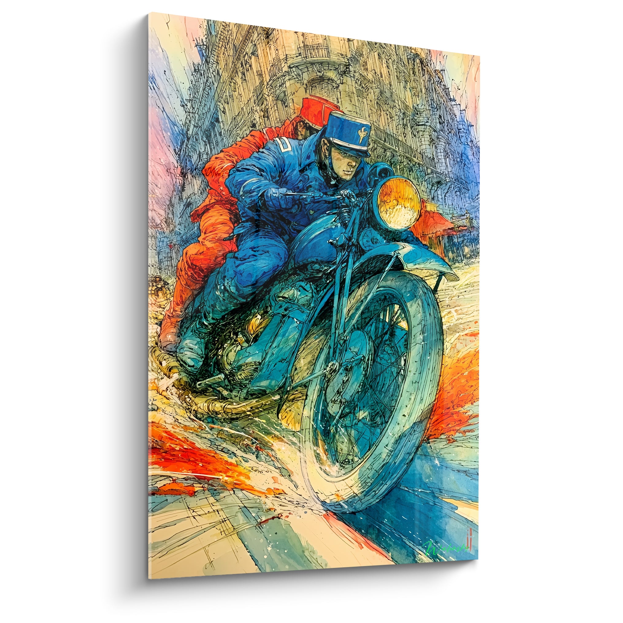 Motocycliste en uniforme bleu marine et veste orange filant devant des bâtiments dorés esquissés