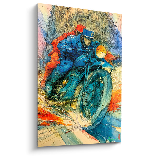 Tableau Motard bleu et orange sur avenue haussmannienne - Phare jaune allumé - Edition Police