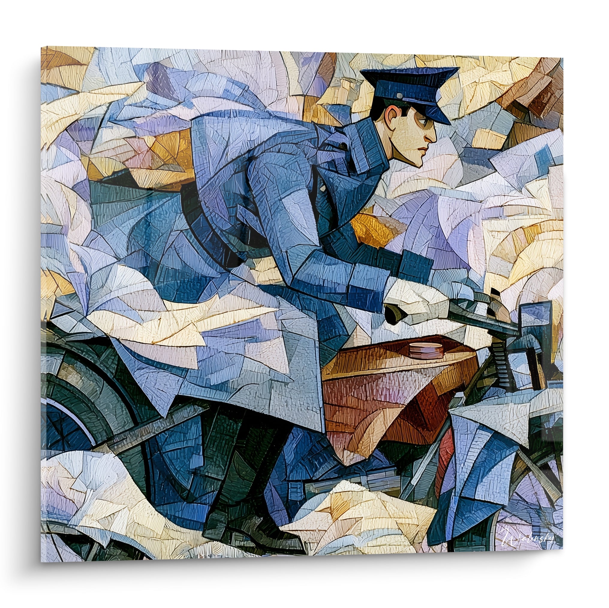 Motard casqué en bleu marine et ocre chevauchant sa moto, style cubiste fragmenté aux empâtements marqués