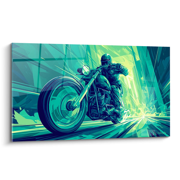 Tableau Motard vert et turquoise en pleine vitesse - Fuite lumineuse - Edition Police
