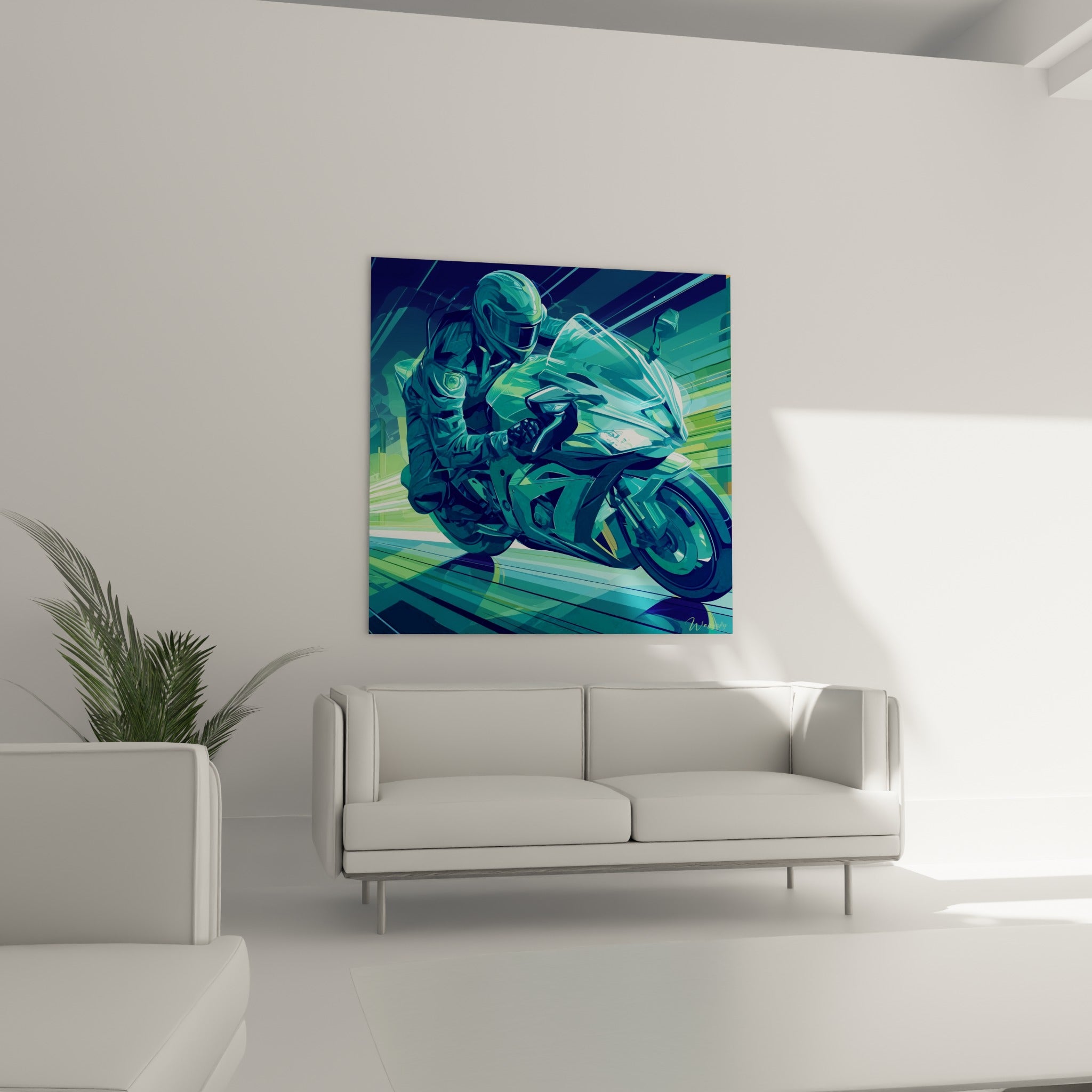 Moto sportive filant à vive allure, tons anthracite et turquoise, suspendue au-dessus d'un canapé dans un salon lumineux.