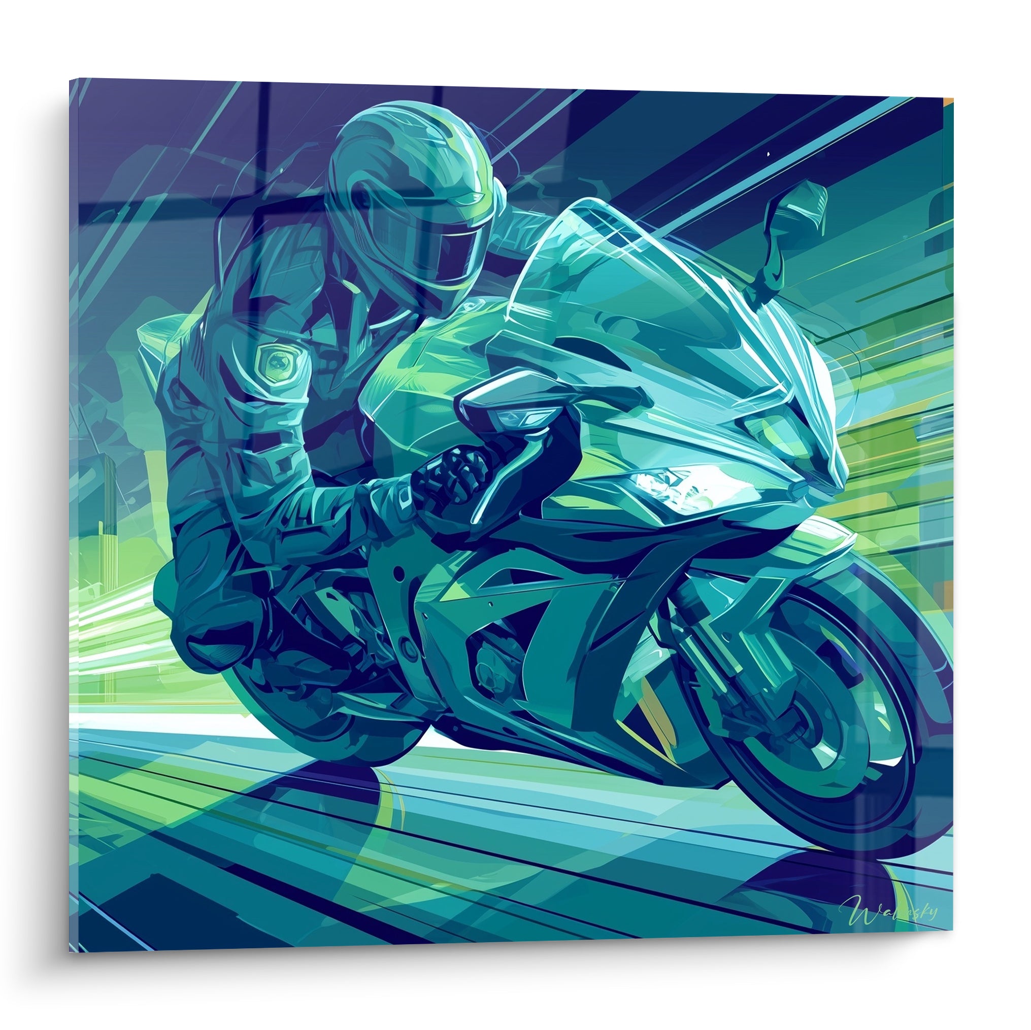 Motard casqué incliné en pleine vitesse, tableau turquoise et vert acide, traits lumineux en arrière-plan.