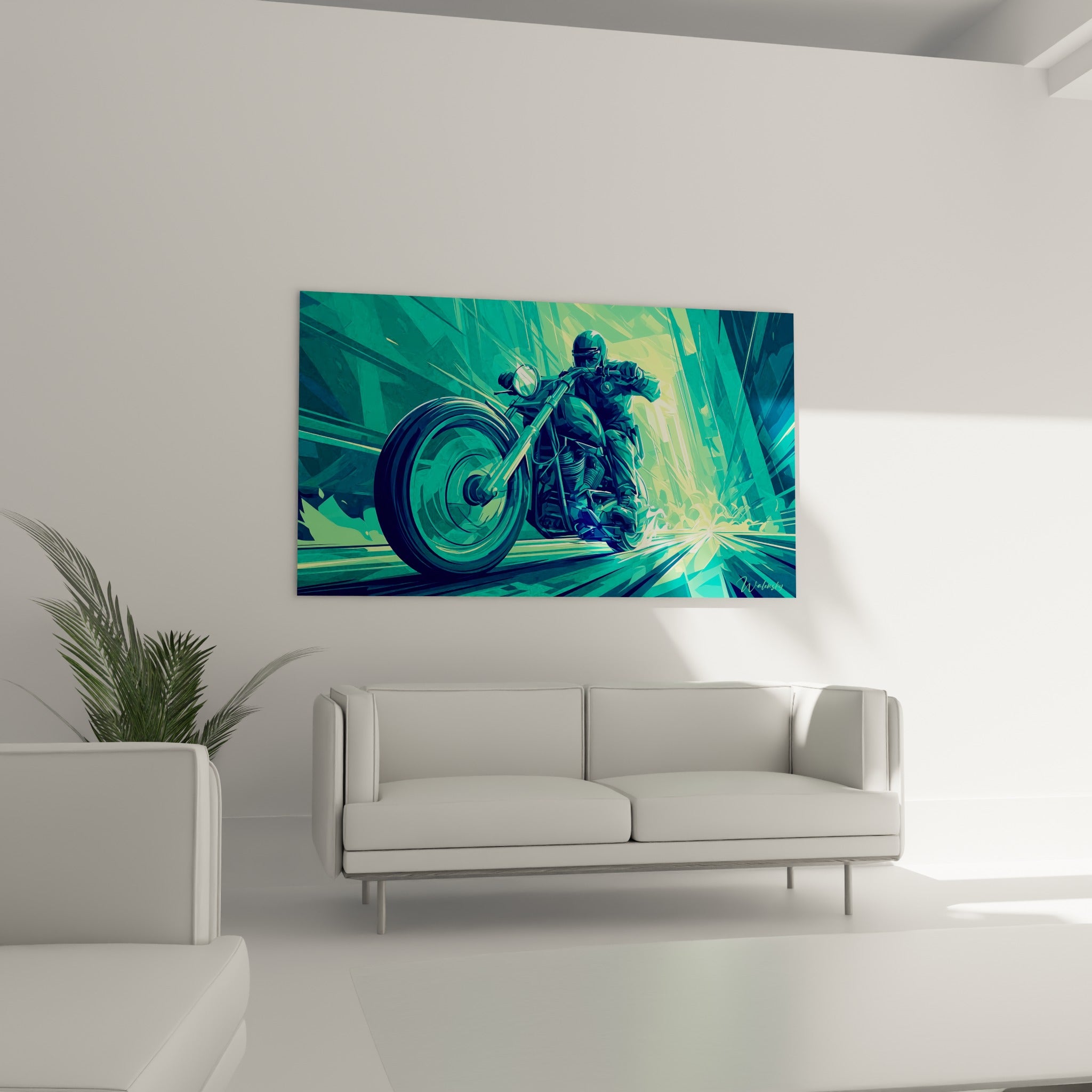 Chopper vert émeraude filant vers une lumière jaune éclatante, au-dessus d'un canapé dans un salon lumineux