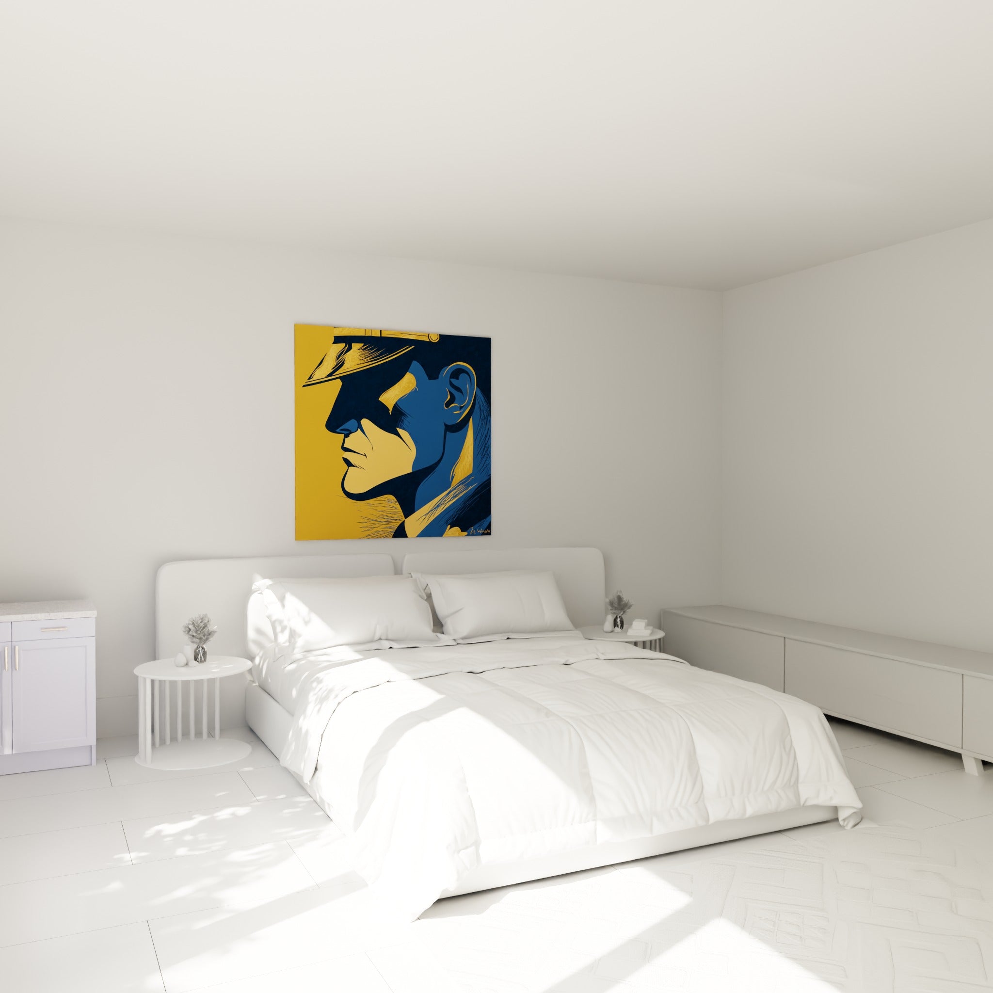 Profil d'officier ocre et bleu marine au-dessus d'un lit dans une chambre claire