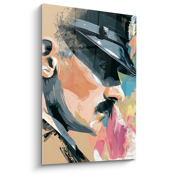Tableau Officier moustachu casquette noire et rose éclatante - Profil pensif au menton levé - Edition Police
