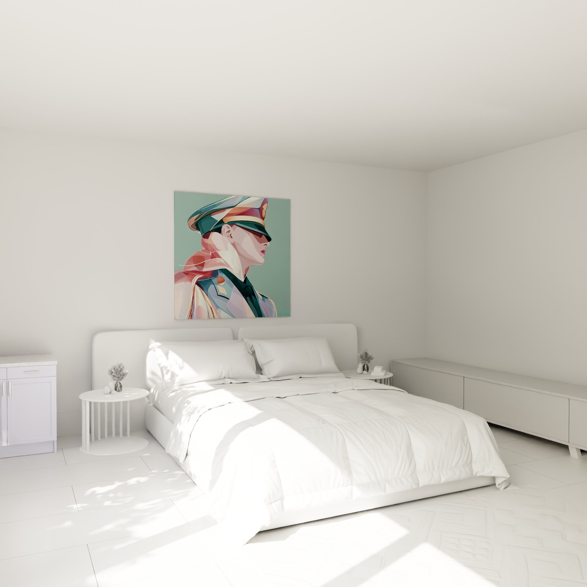 Portrait policier fragmenté en vert et rose pastel, accroché au-dessus d'un lit dans une chambre claire