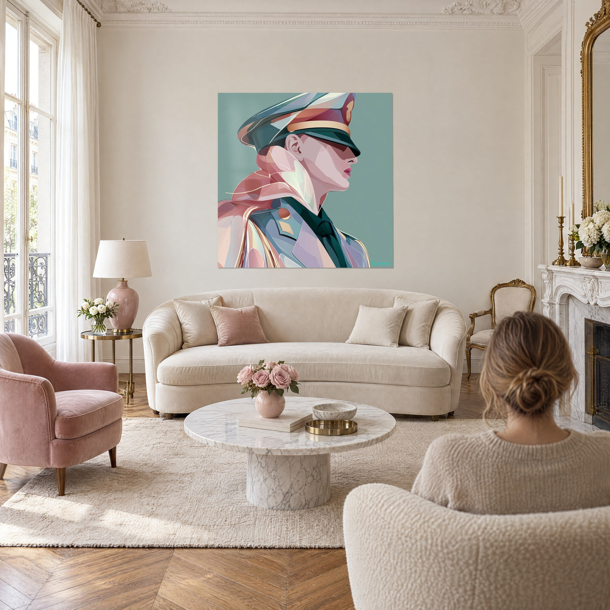 Wall art officer in profile under a green cap, pearly pink scarf and verdigris background, above a sofa in a bright living room