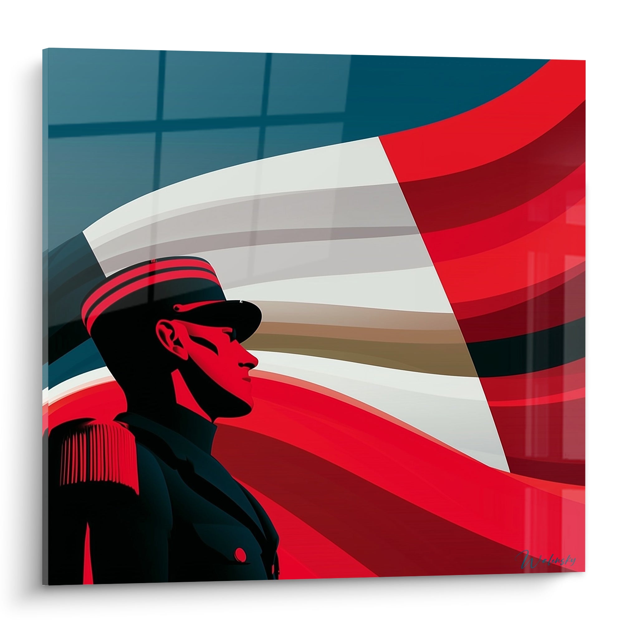 Officier en profil noir devant un drapeau ondulant rouge, blanc et ocre sur fond bleu pétrole