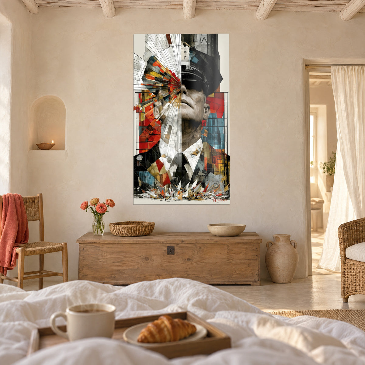 Schilderij uniform van een commissaris gebroken in rode, blauwe en gouden facetten, crèmekleurige muur, houten kist, boven een bed in een lichte slaapkamer
