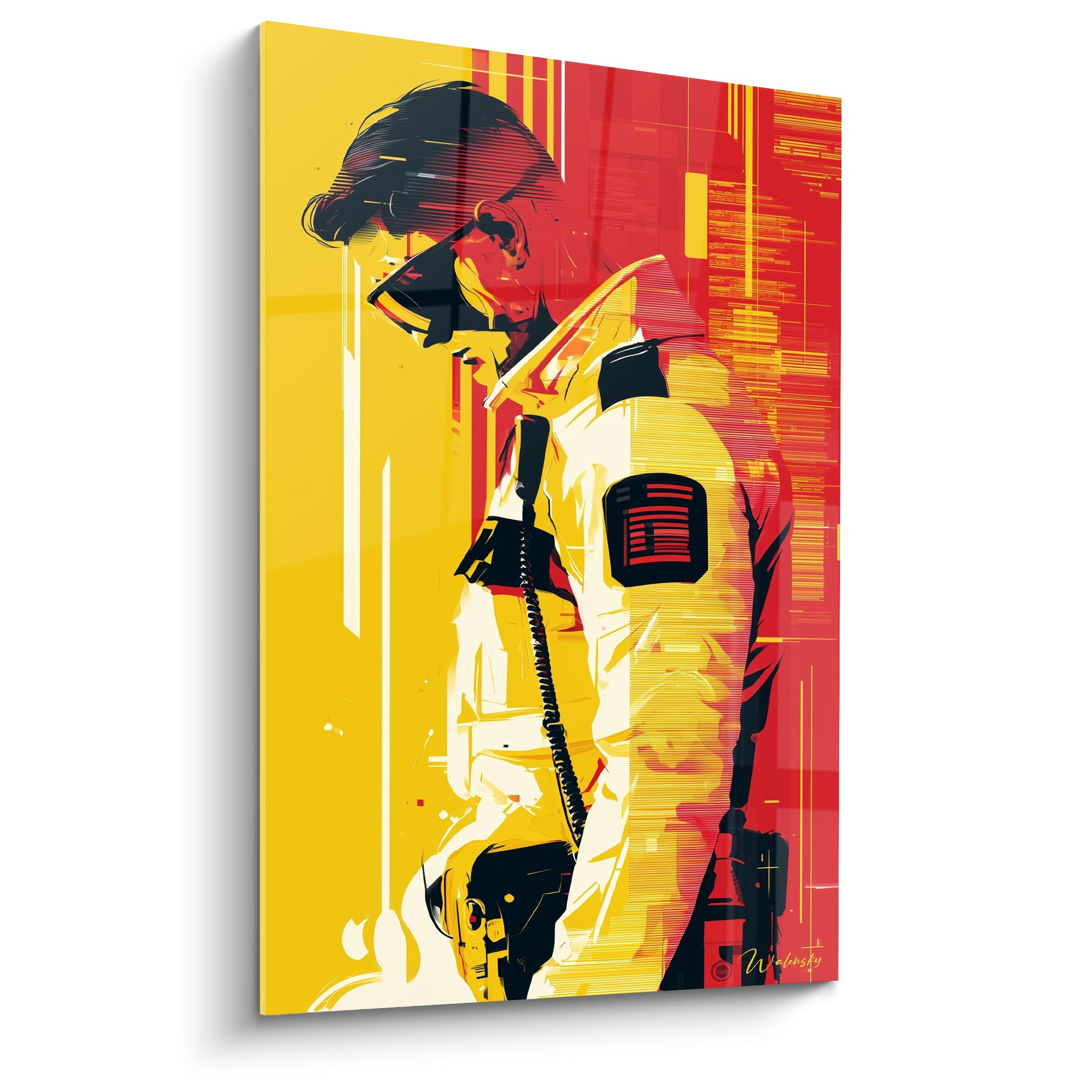 Officier au talkie-walkie jaune et rouge, silhouette penchée, style graphique glitch numérique