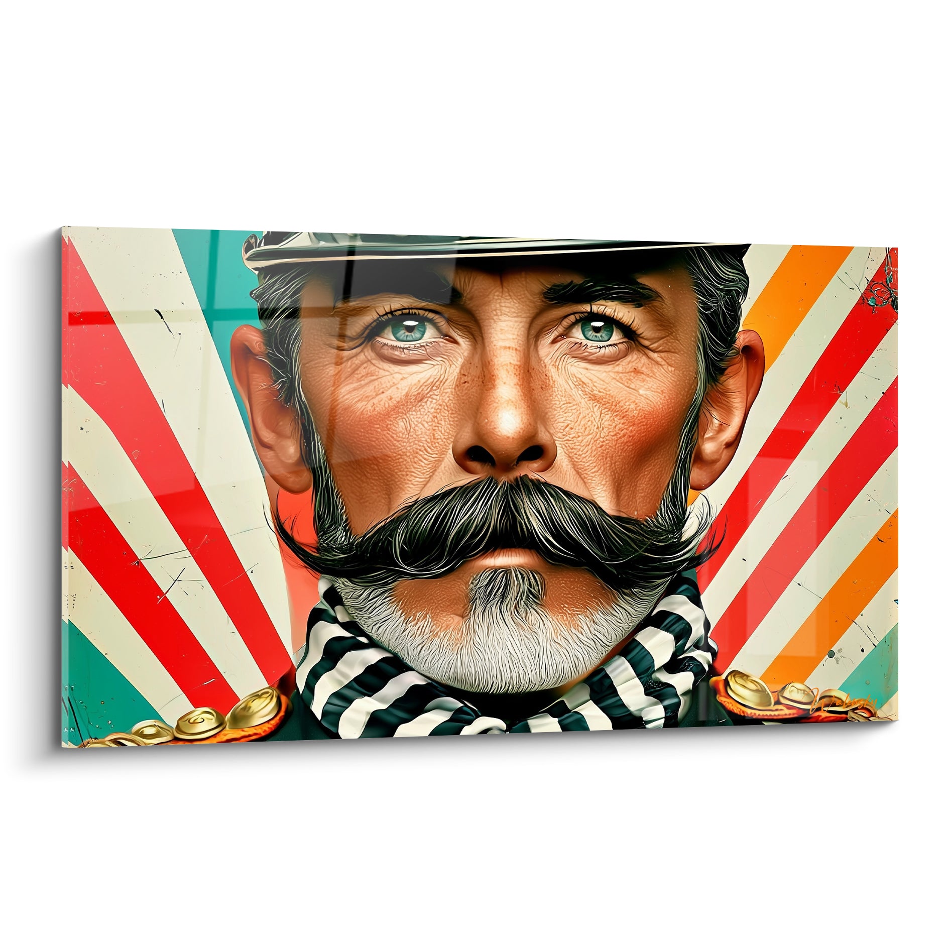 Officier moustachu au regard bleu perçant, fond rayé rouge et turquoise façon affiche rétro