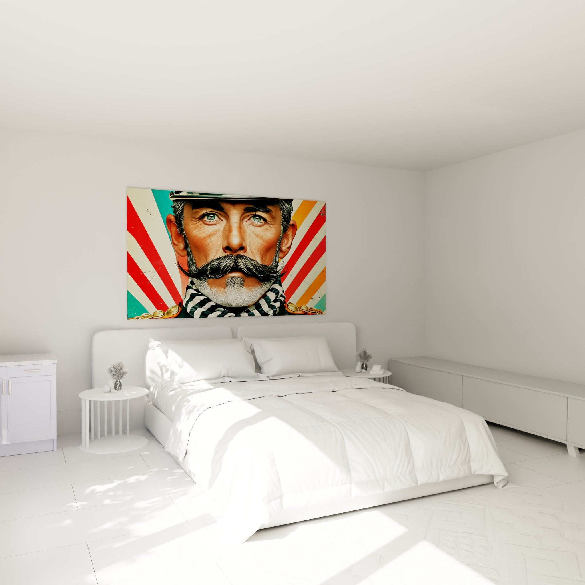 Visage d'officier à moustache noire et col rayé, accroché au-dessus d'un lit dans une chambre claire
