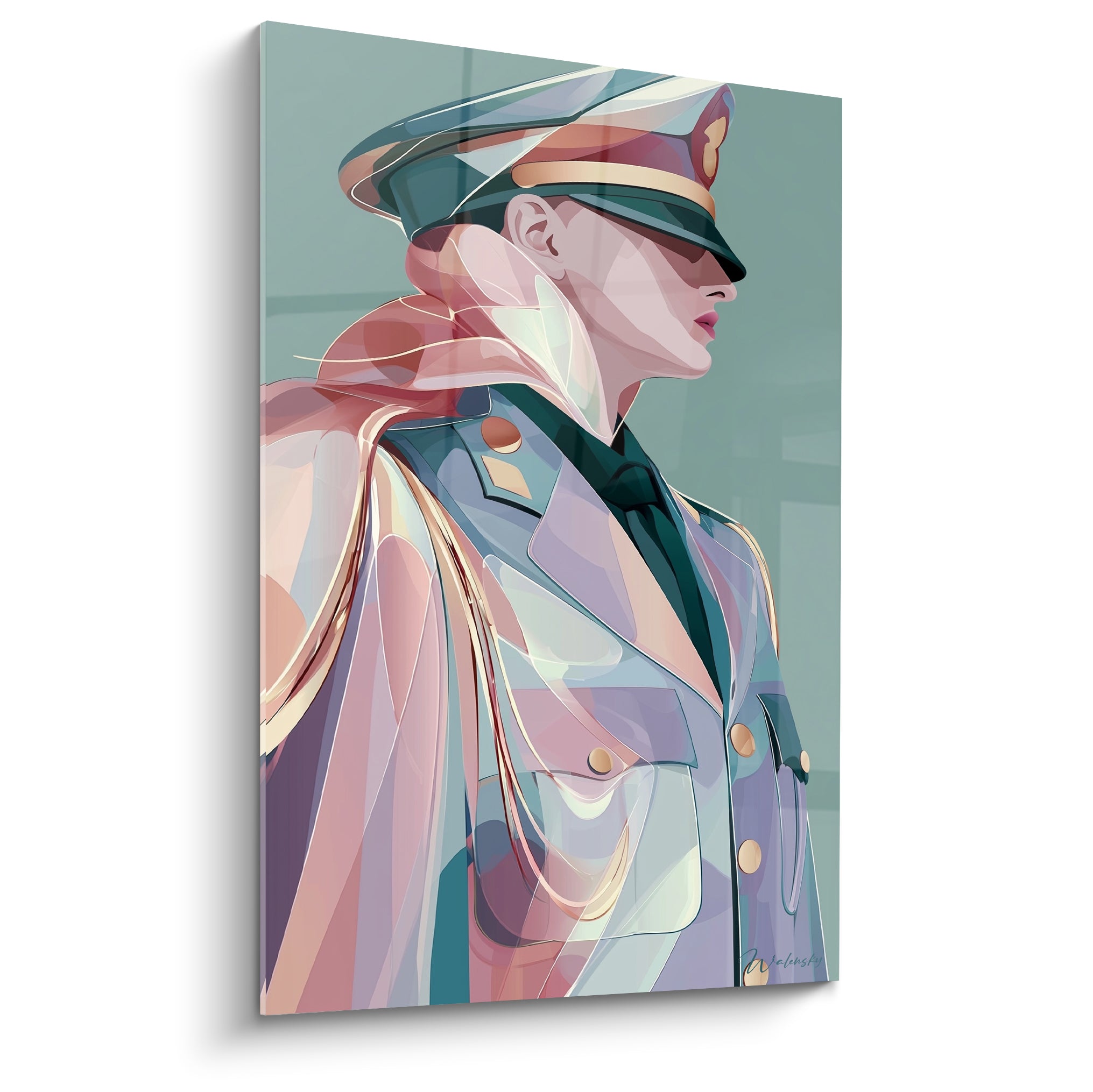 Officier en profil, uniforme vert sauge et rose poudré, casquette dorée, style graphique translucide