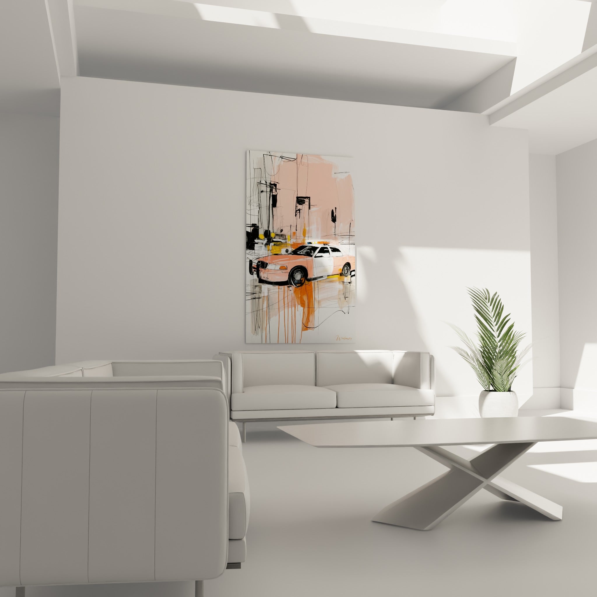 Véhicule de patrouille rose et corail dans un décor graphique, au-dessus d'un canapé dans un salon lumineux