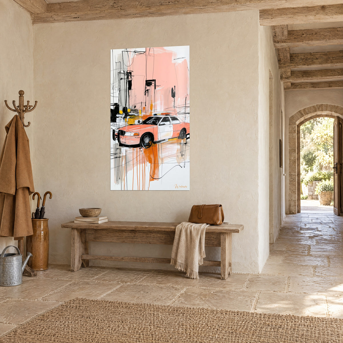 Wall art powdery pink and white police sedan, vivid yellow highlights, three-quarter view on a stone wall, beside a wooden bench