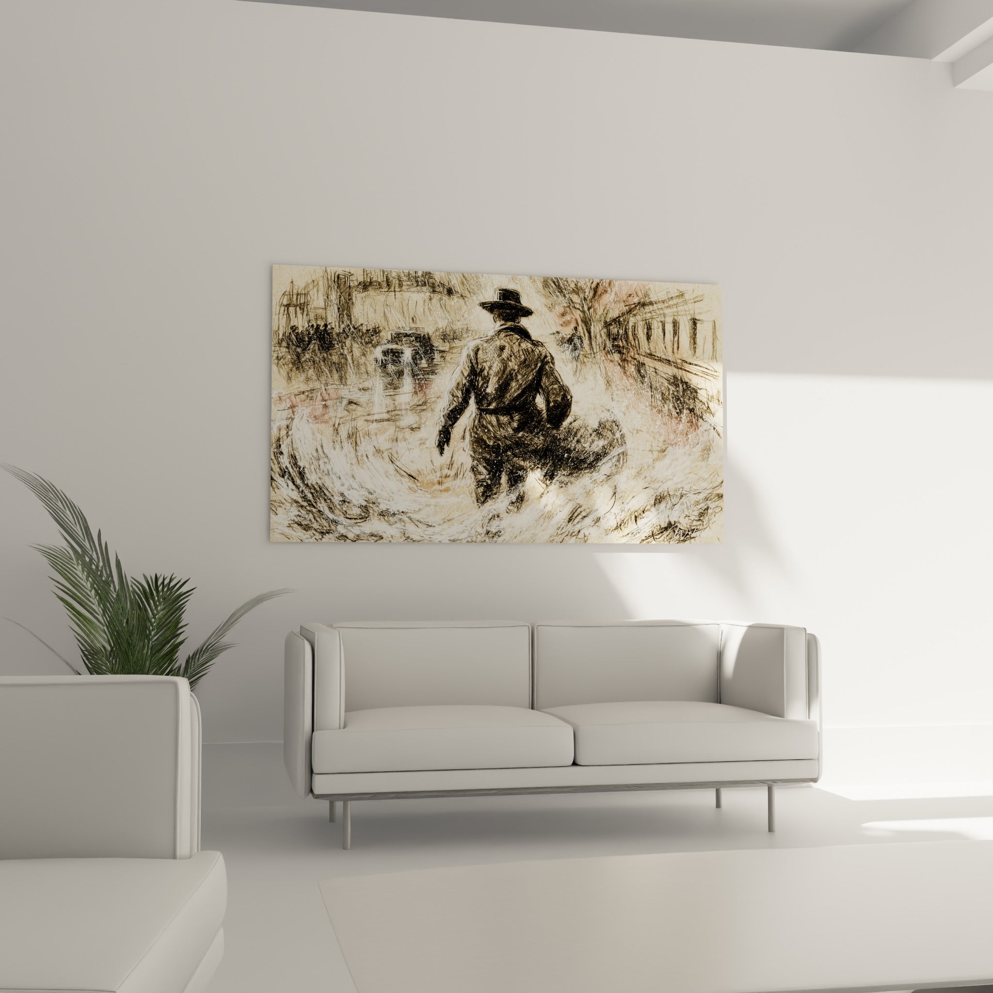 Personnage vêtu de noir avançant sur fond sable tourbillonnant, disposé au-dessus d'un canapé dans un salon lumineux