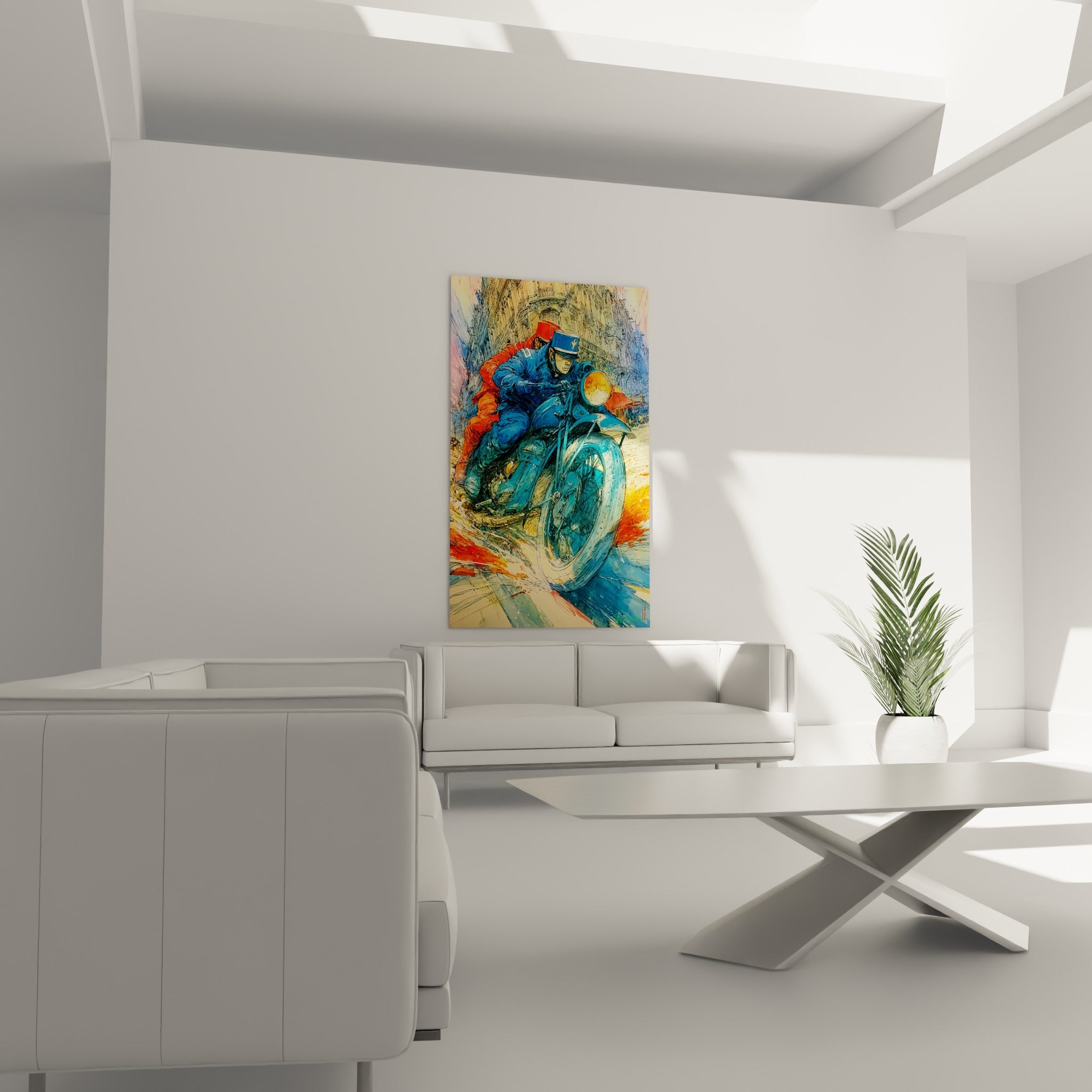 Poursuite urbaine en bleu et orangé, phare doré éclatant, au-dessus d'un canapé dans un salon lumineux