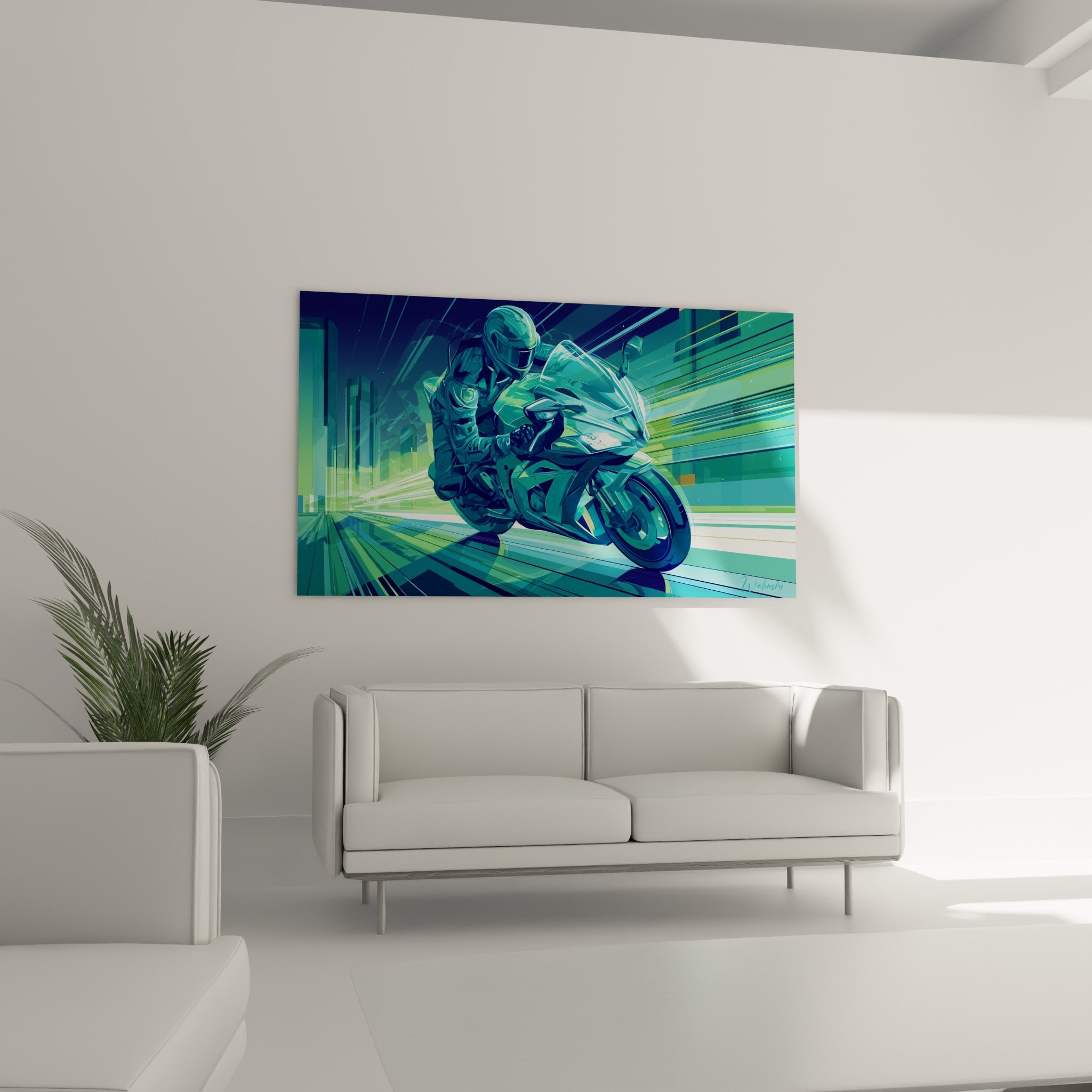 Moto sportive turquoise fendant la vitesse, traînées lumineuses vertes, au-dessus d'un canapé dans un salon lumineux