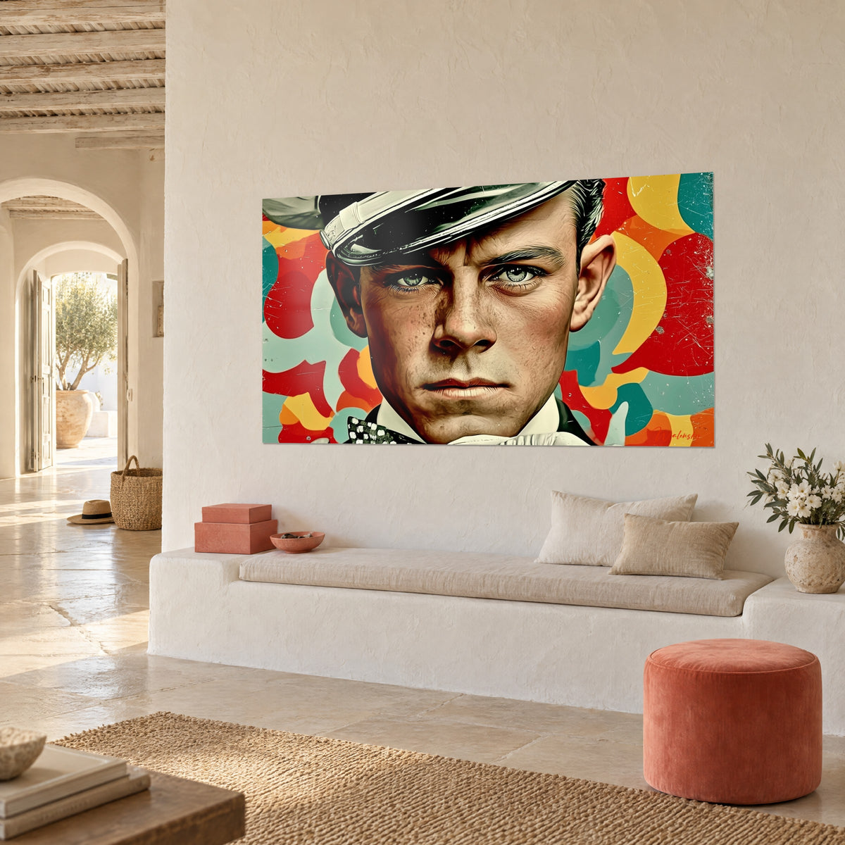 Quadro volto di agente con lentiggini, campiture giallo senape e rosso vivo, visto di tre quarti su una parete color crema
