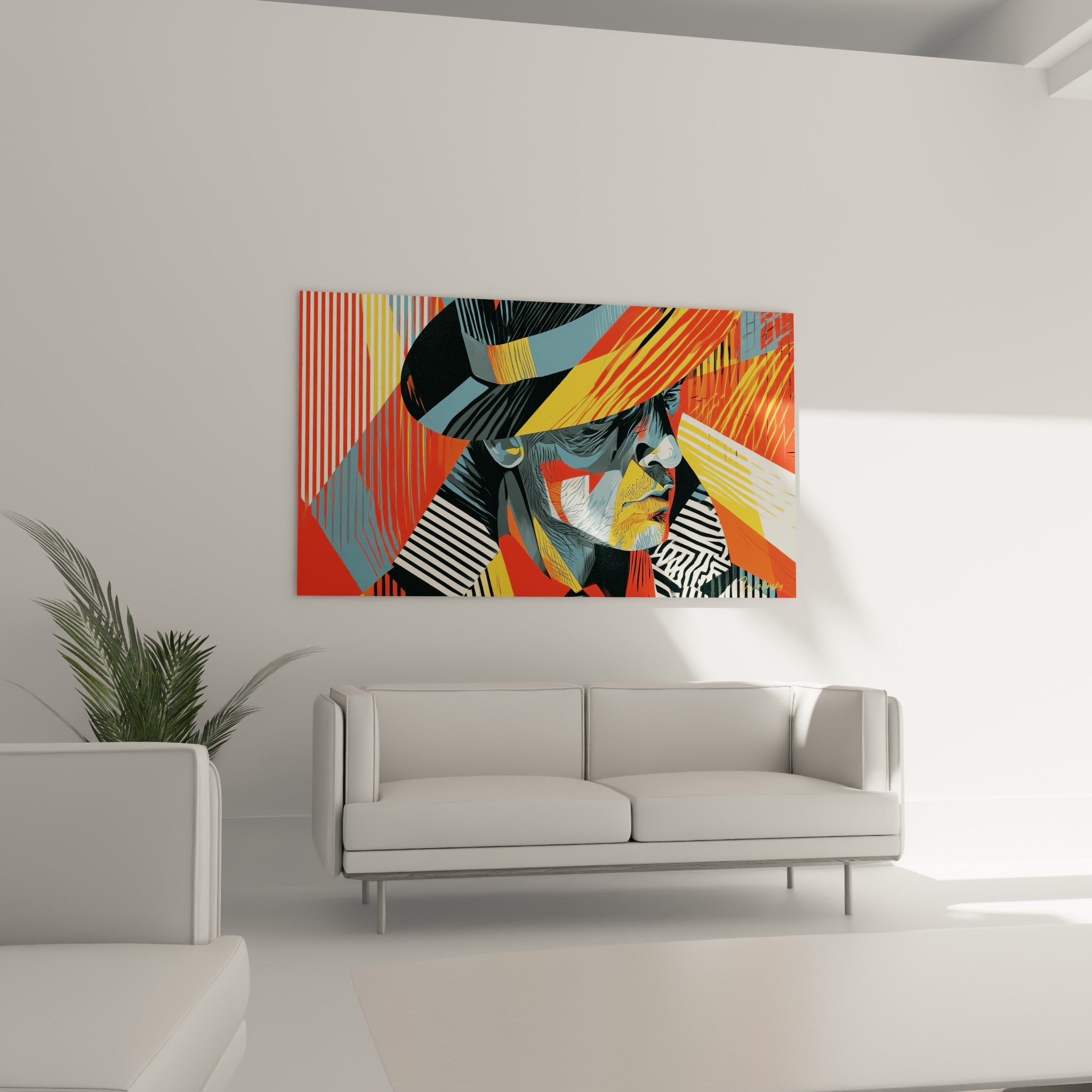 Homme au chapeau coloré, traits graphiques jaunes et bleus, au-dessus d'un canapé dans un salon lumineux