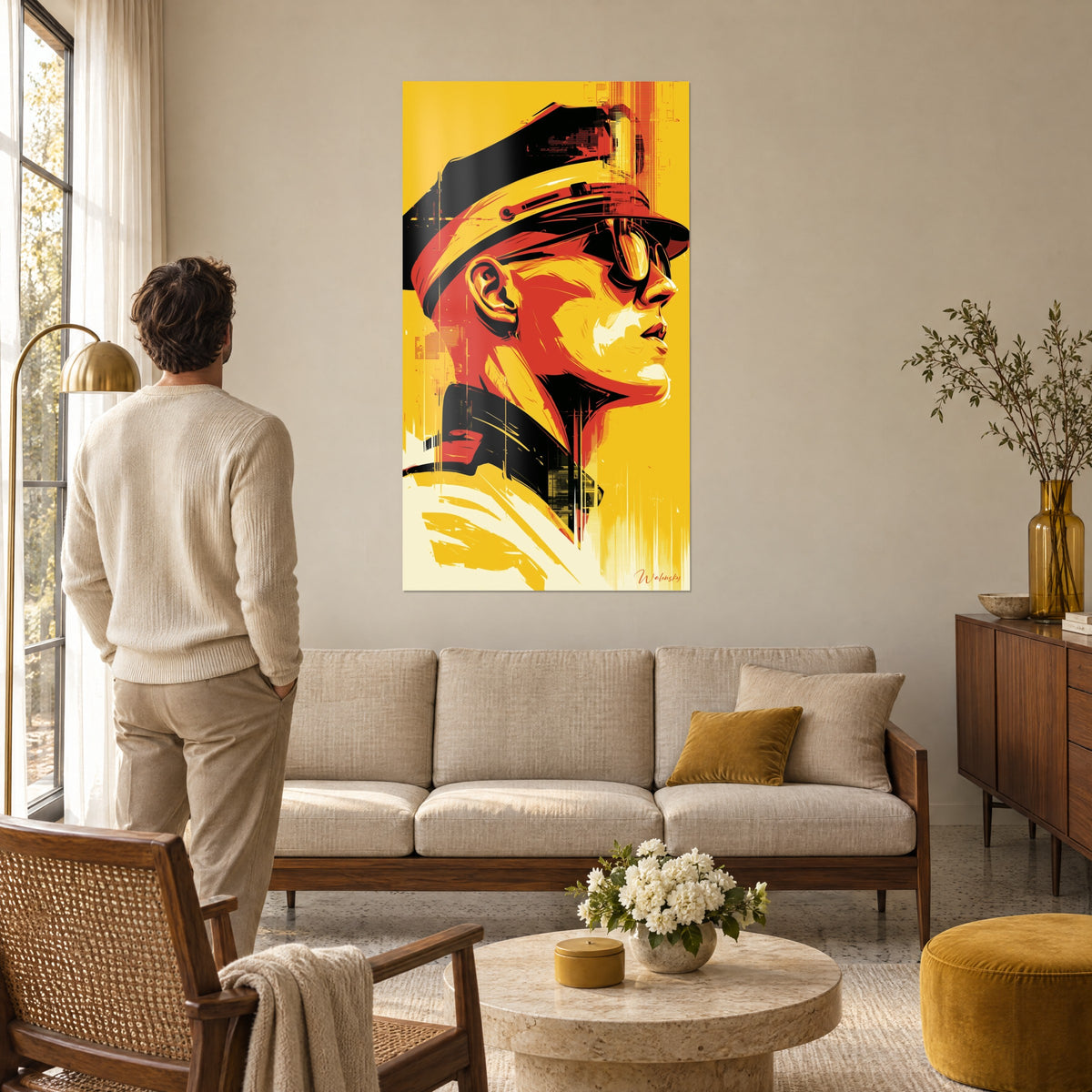 Wall art profile portrait of an officer under a yellow and black cap, tinted glasses, red and gold tones, above a sofa in a bright living room