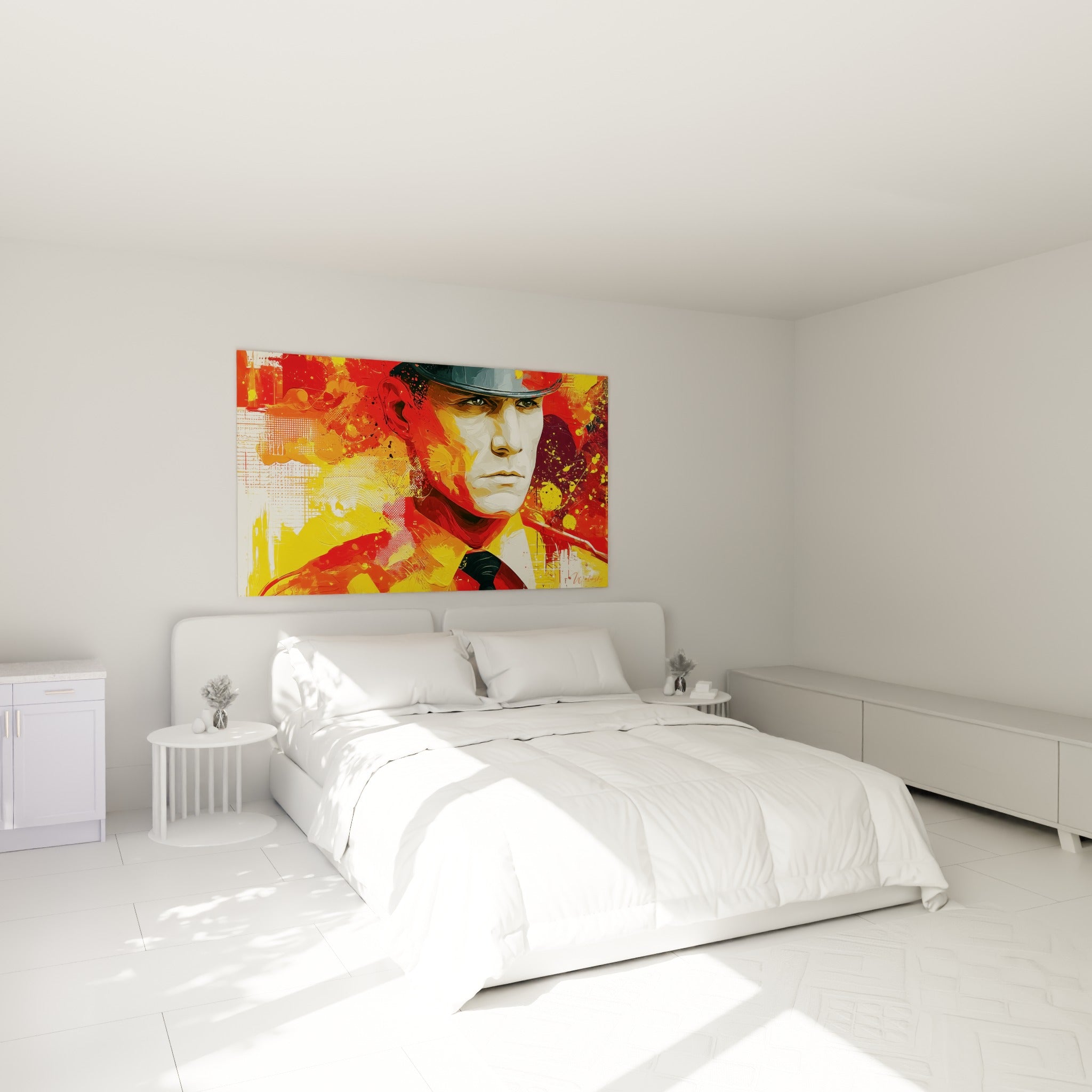 Portrait de police en cravate noire, tons rouge et jaune vifs, au-dessus d'un lit dans une chambre claire