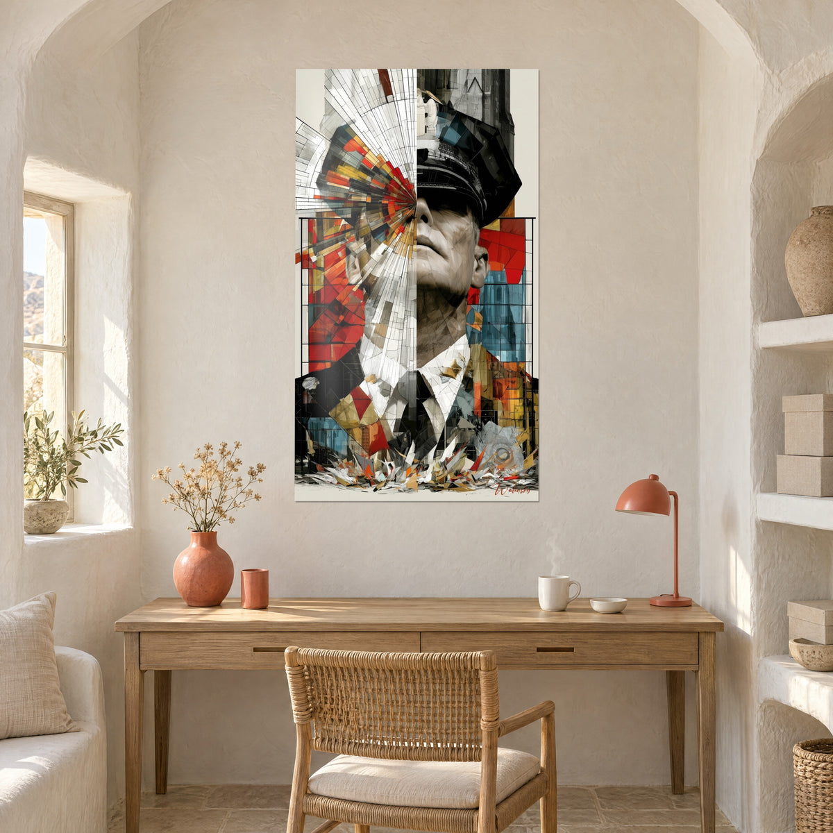 Schilderij buste van een officier in kubistische collage, rode, blauwe en mosterdgele scherven, licht houten bureau, koraalkleurige lamp, gekalkte muur