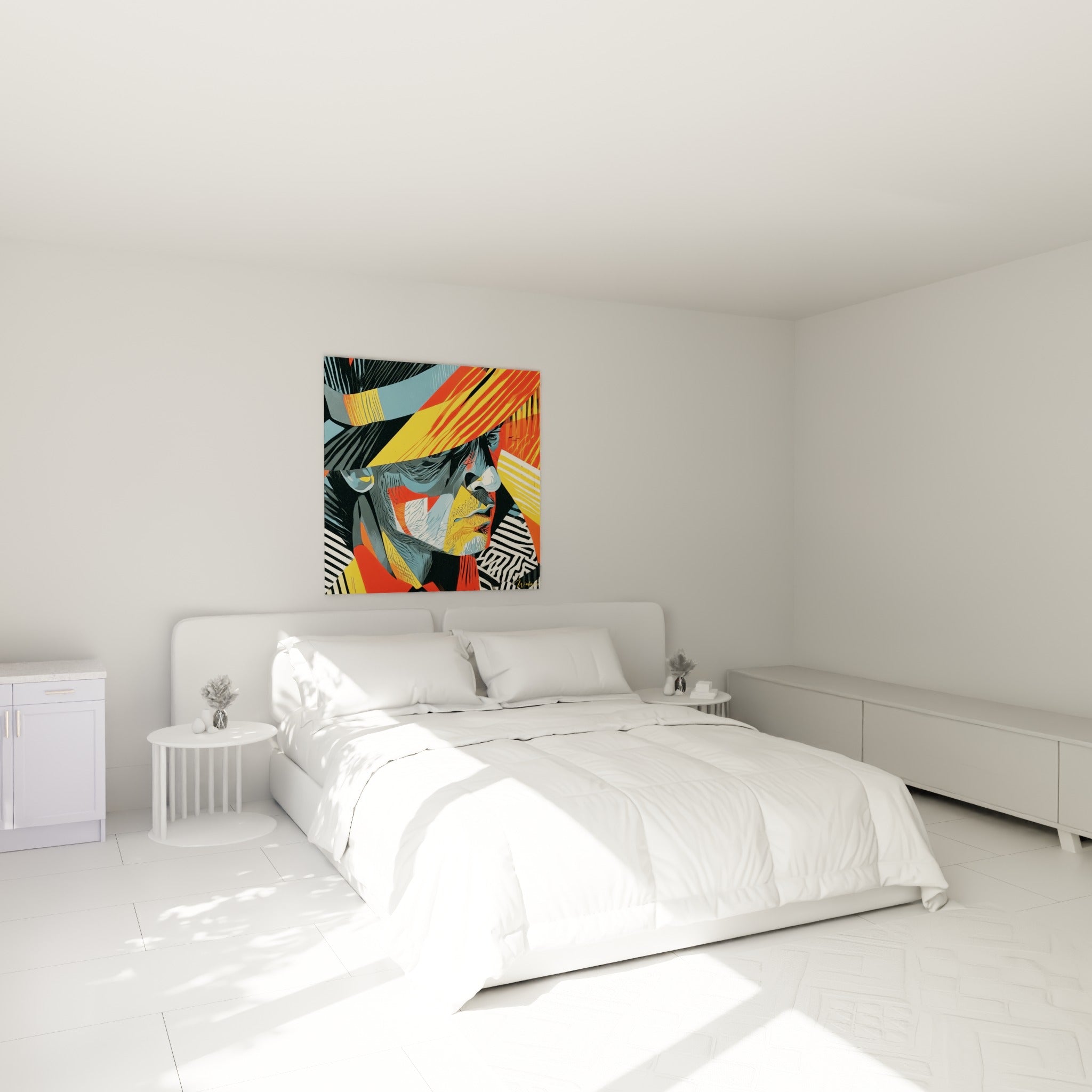 Portrait éclaté rouge et anthracite accroché au-dessus d'un lit dans une chambre claire