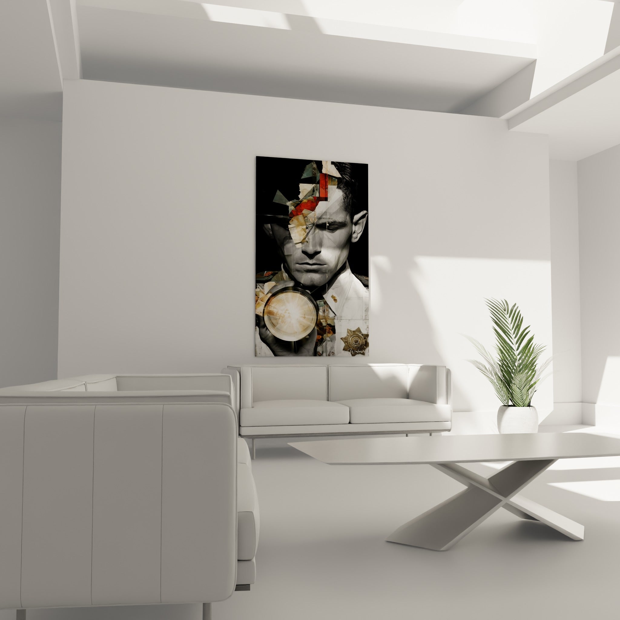 Portrait fragmenté d'un policier tenant une lumière dorée, au-dessus d'un canapé dans un salon lumineux