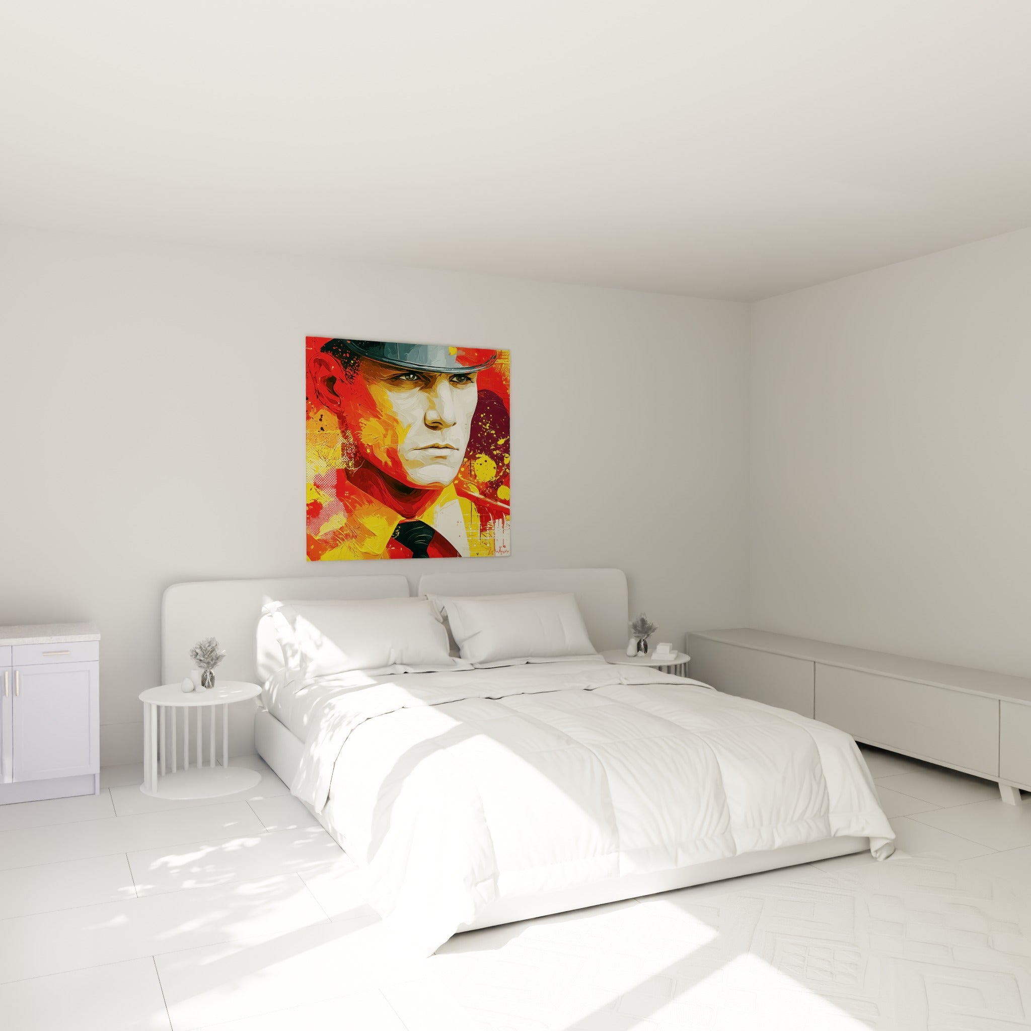 Portrait de policier aux tons rouge et ocre accroché au-dessus d'un lit dans une chambre claire