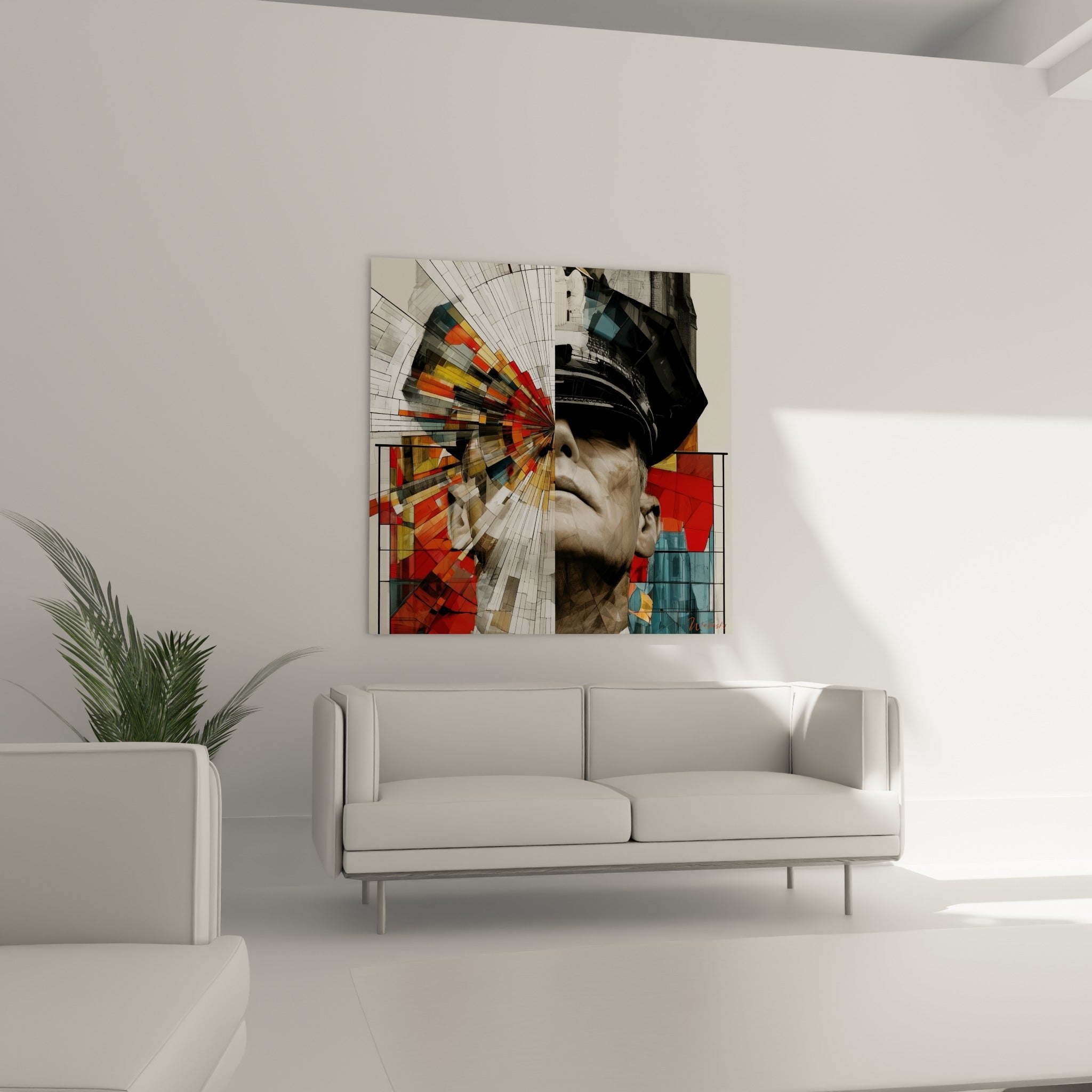 Visage d'agent aux fragments rouges et dorés, placé au-dessus d'un canapé dans un salon lumineux