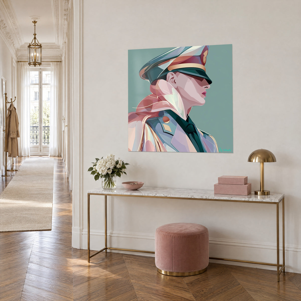 Wall art silhouette of authority in grey-blue uniform, gold braid and rosy face in profile, on a cream Haussmann-style hallway wall