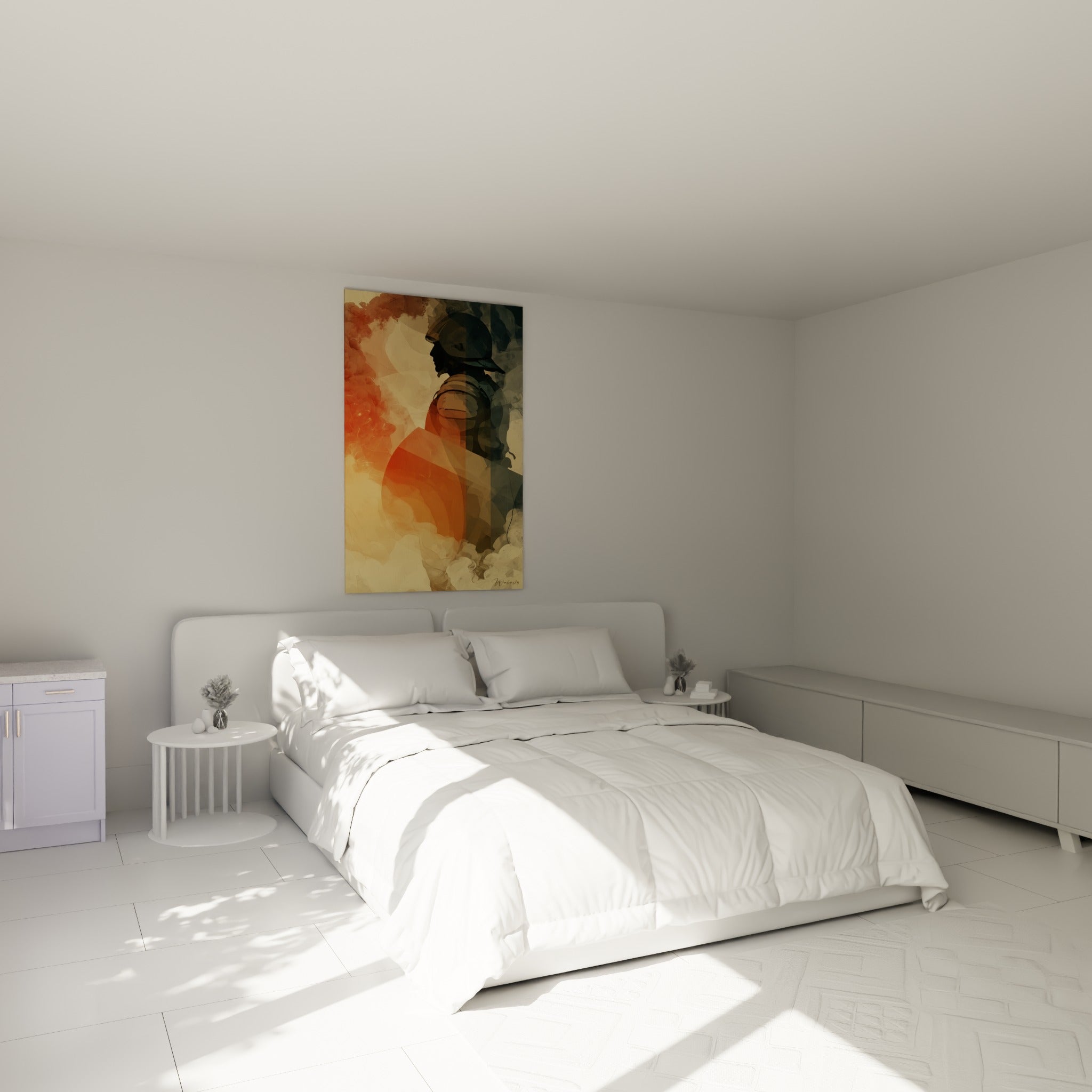 Profil casqué Police, tons anthracite et terracotta, au-dessus d'un lit dans une chambre claire