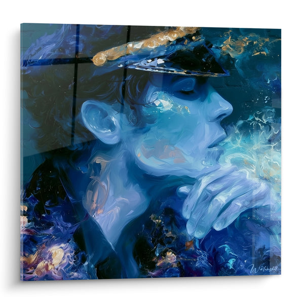 Tableau Officier bleu et doré au profil pensif - Instant de réflexion - Edition Police