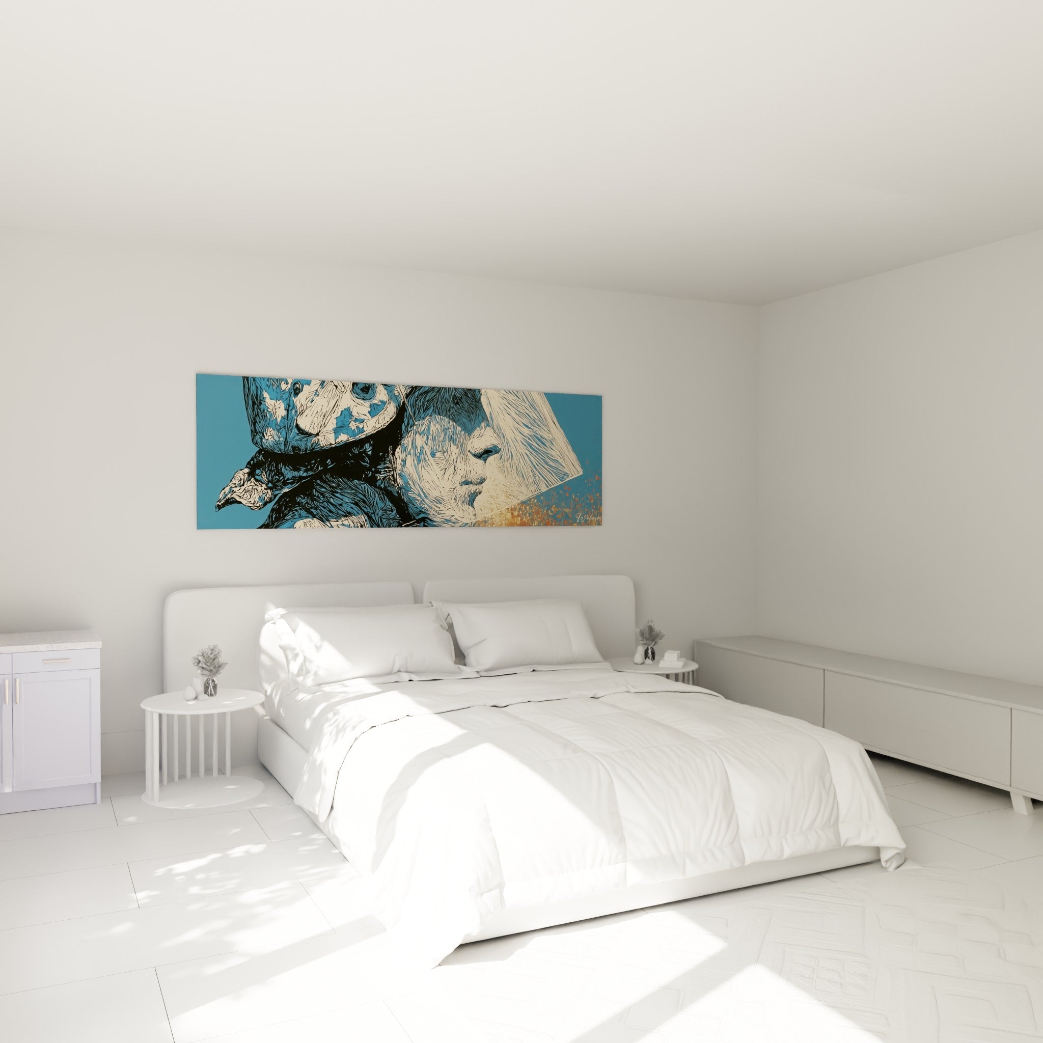 Portrait graphique bleu marine et ivoire d'un officier casqué, accroché au-dessus d'un lit dans une chambre claire