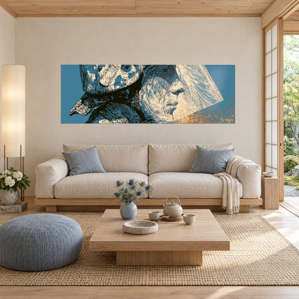 Wall art of a helmeted policeman in blue and ivory engraving, profile with tight hatching, above a sofa in a bright living room