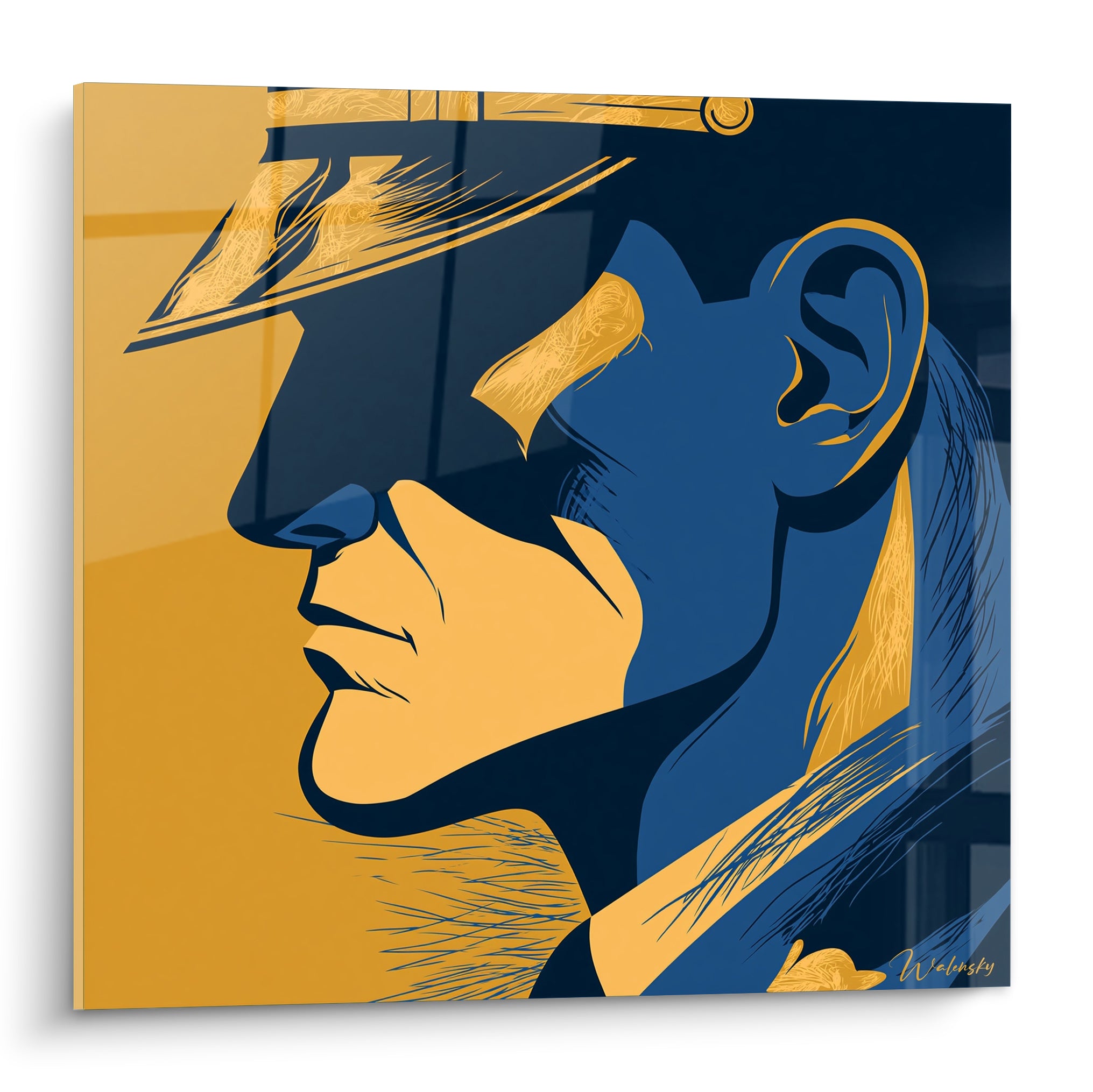 Officier casqué en profil, visage ocre et bleu marine, style graphique aux traits nets