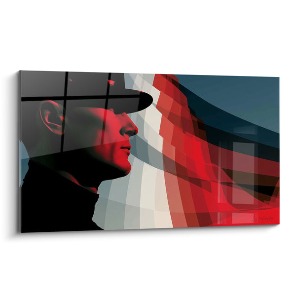 Tableau Officier au chapeau noir et rouge devant un drapeau ondulant - Profil grillagé silencieux - Edition Police