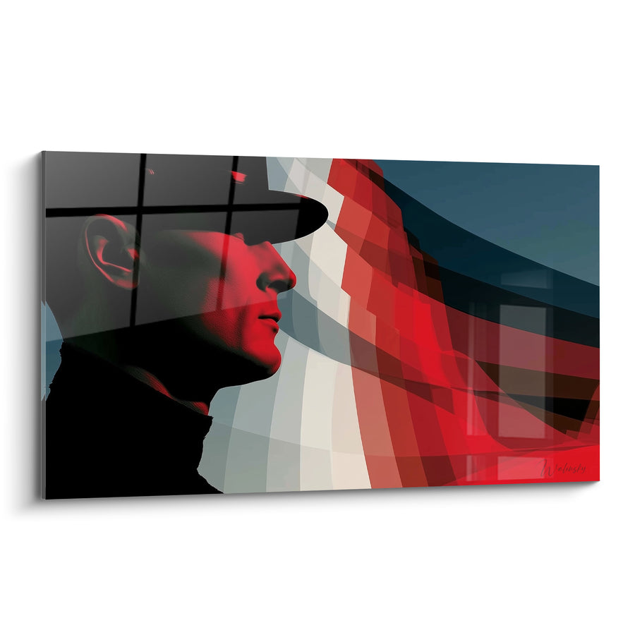 Tableau Officier au chapeau noir et rouge devant un drapeau ondulant - Profil grillagé silencieux - Edition Police