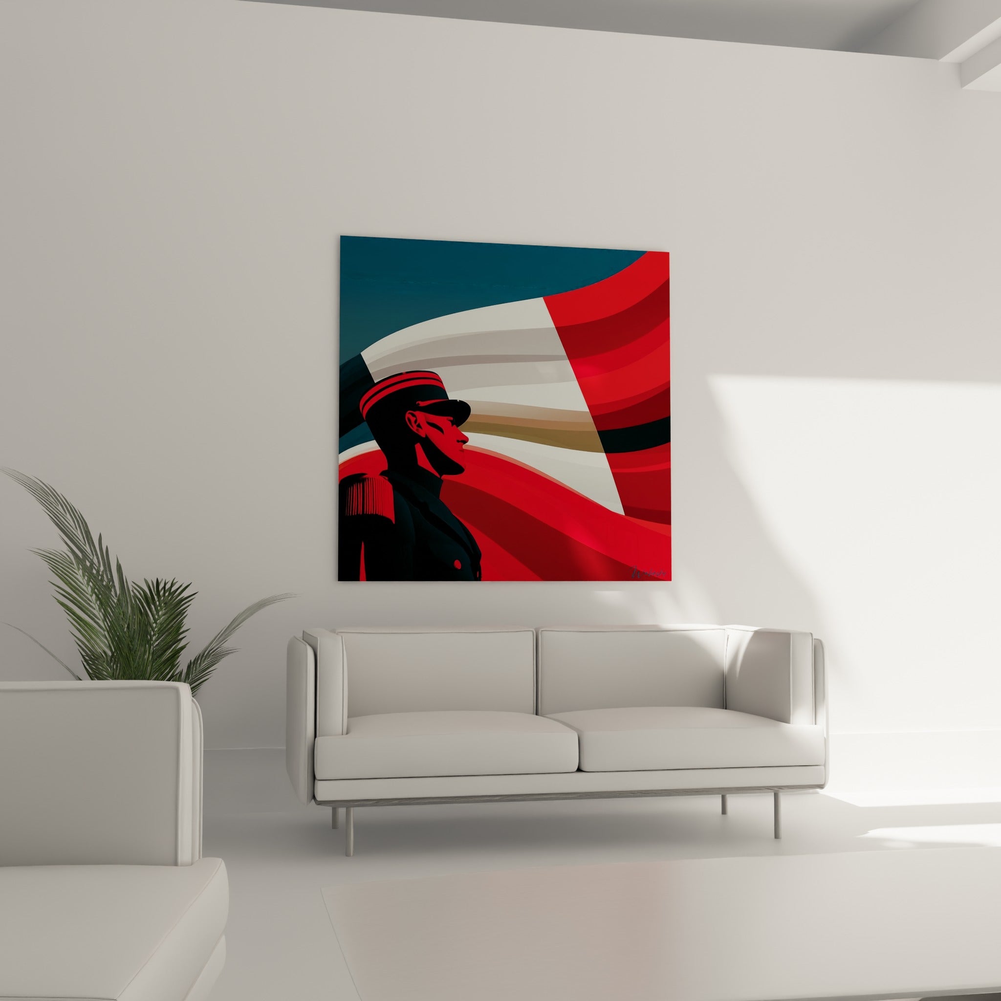 Profil militaire noir et rouge se détachant sur des vagues de drapeau, au-dessus d'un canapé dans un salon lumineux