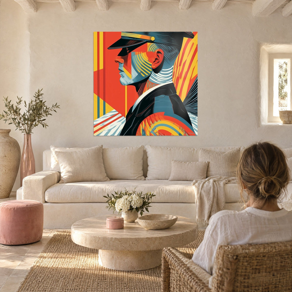 Wall art officer in profile wearing a black cap, vermilion red background with yellow stripes, above a sofa in a bright living room