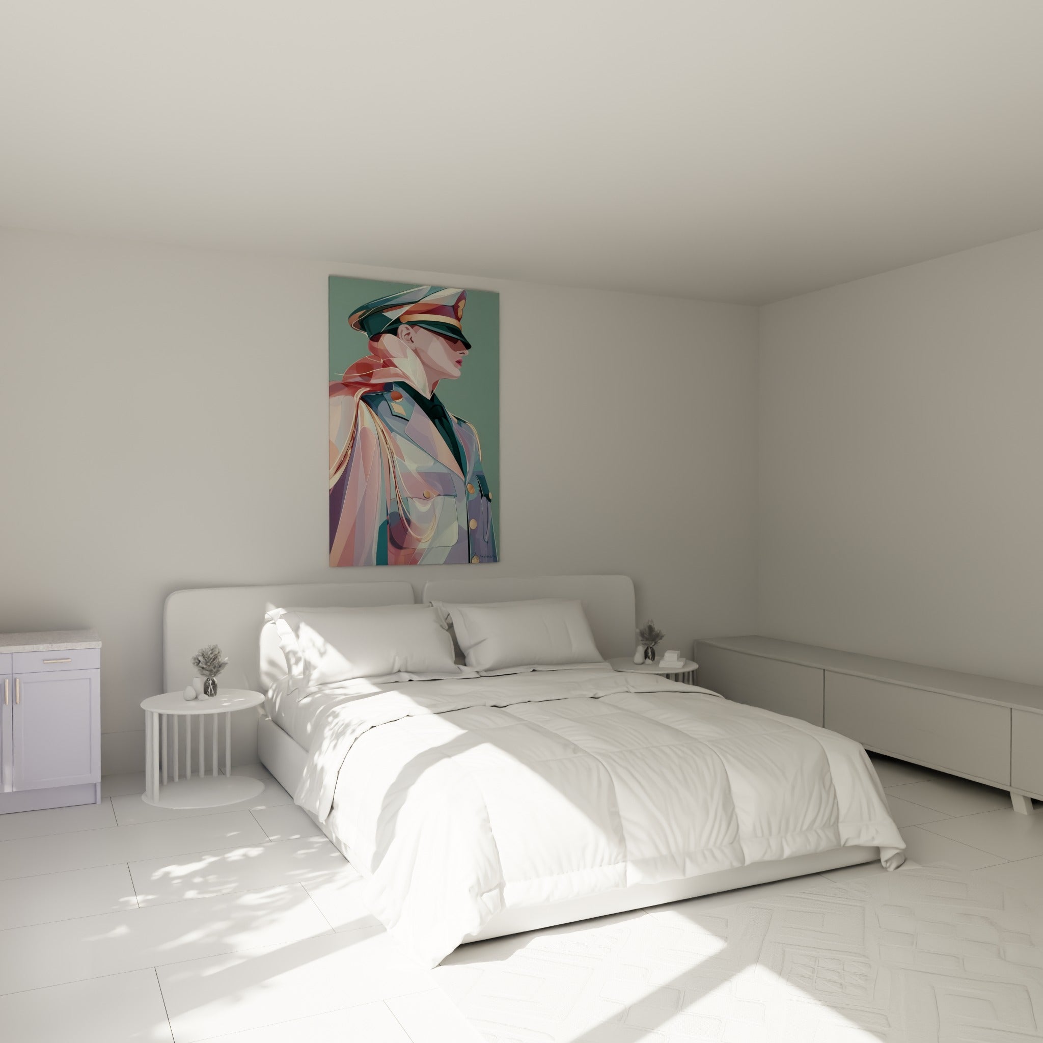 Officier au visage rose pâle et uniforme vert d'eau, accroché au-dessus d'un lit dans une chambre claire
