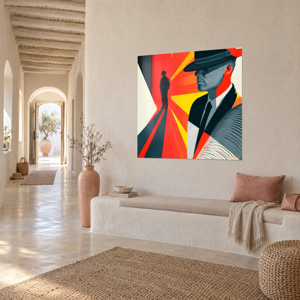 Wall art guard in a dark uniform at the end of a vivid red corridor, lemon-yellow rays, hung in a white vaulted gallery
