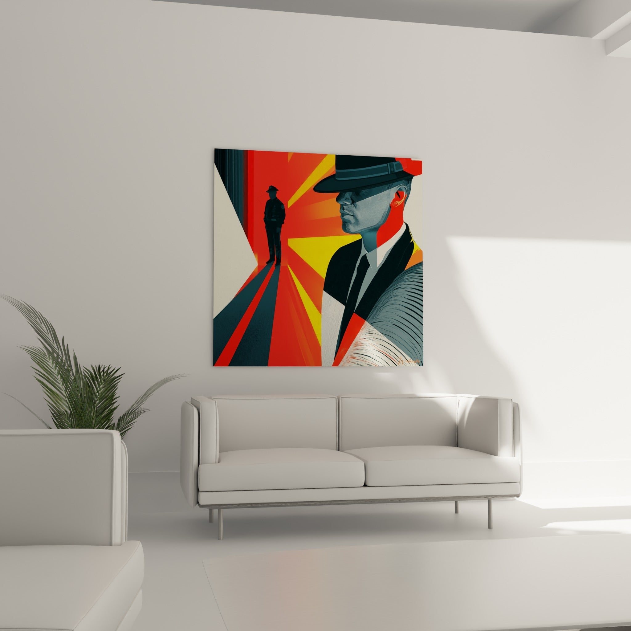 Visage stylisé aux tons gris bleuté, bandes rouges et jaunes en diagonale, au-dessus d'un canapé dans un salon lumineux