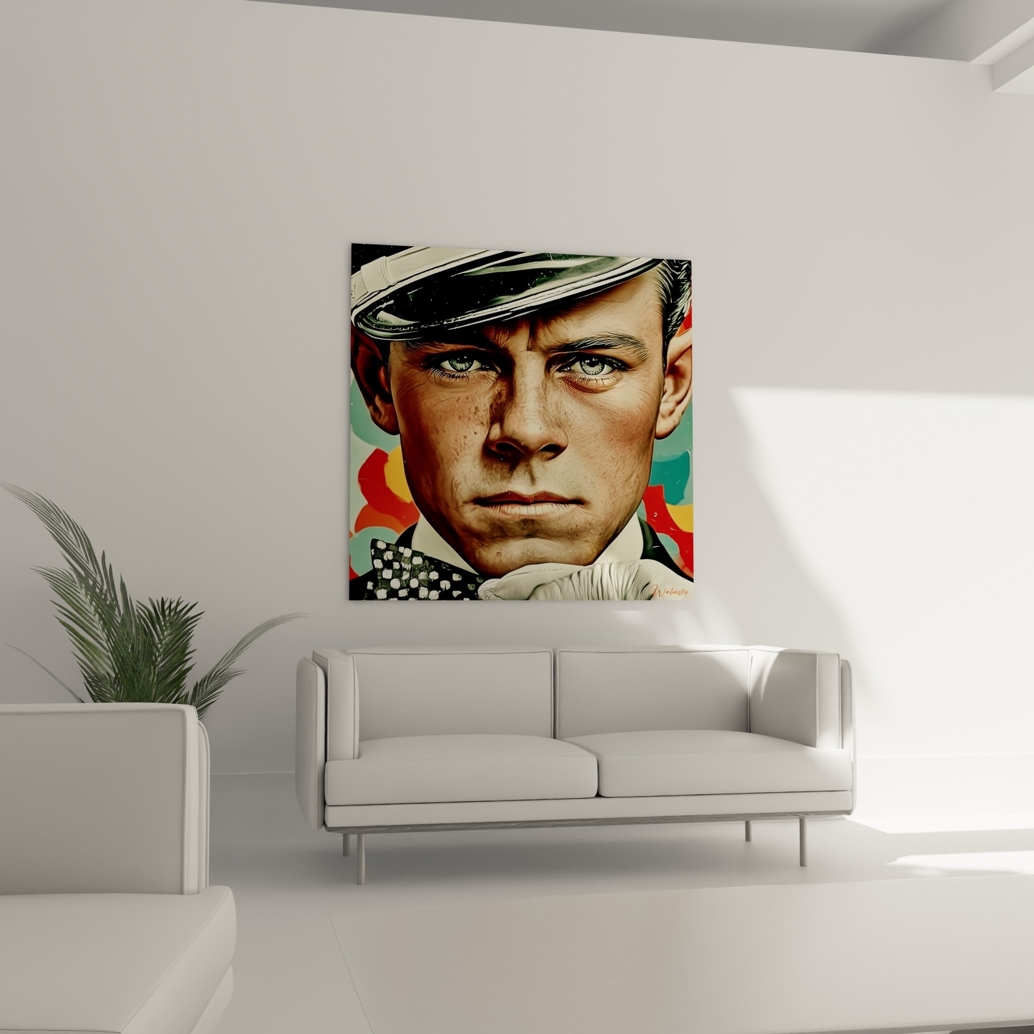 Regard fixe et casquette blanche du portrait Police au-dessus d'un canapé dans un salon lumineux