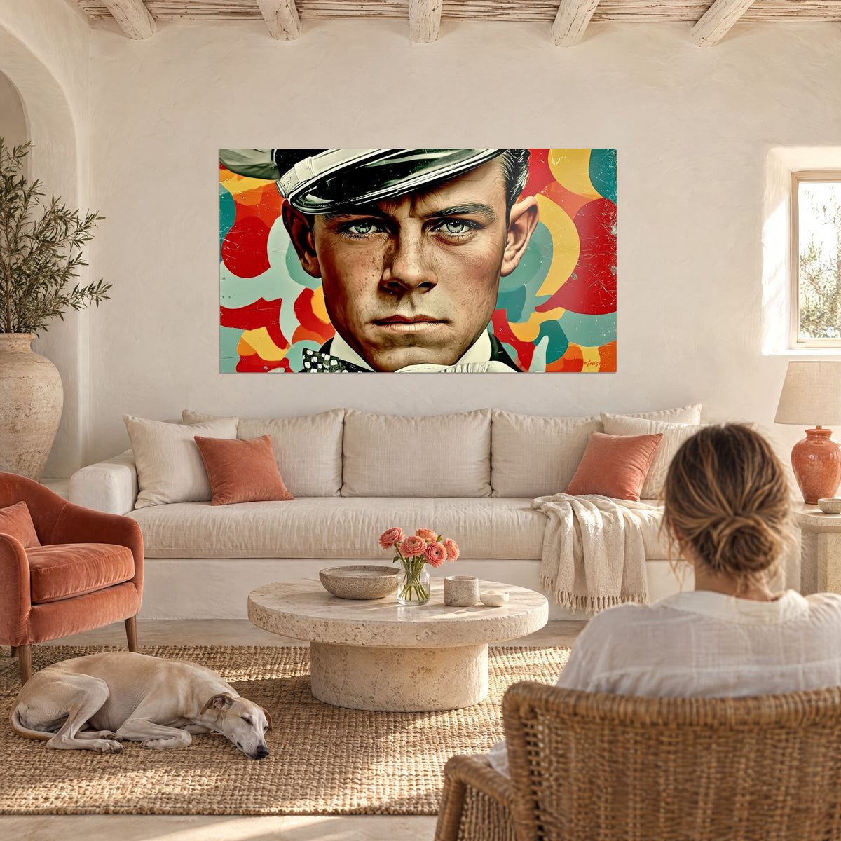 Quadro giovane ufficiale dallo sguardo d'acciaio sotto berretto bianco, sfondo rosso e turchese, sopra un divano in un soggiorno luminoso