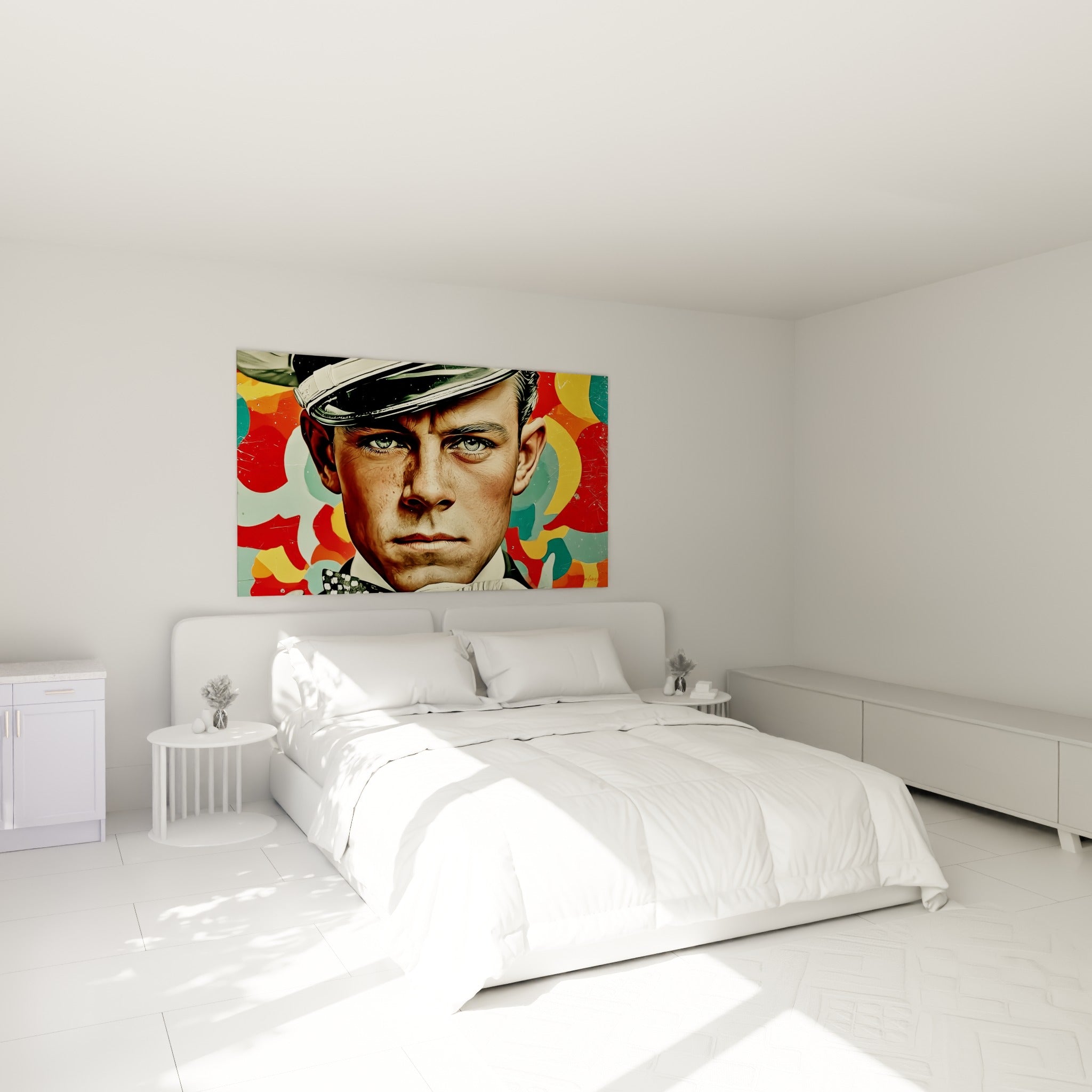 Officier au visage sévère et fond turquoise vif, accroché au-dessus d'un lit dans une chambre claire
