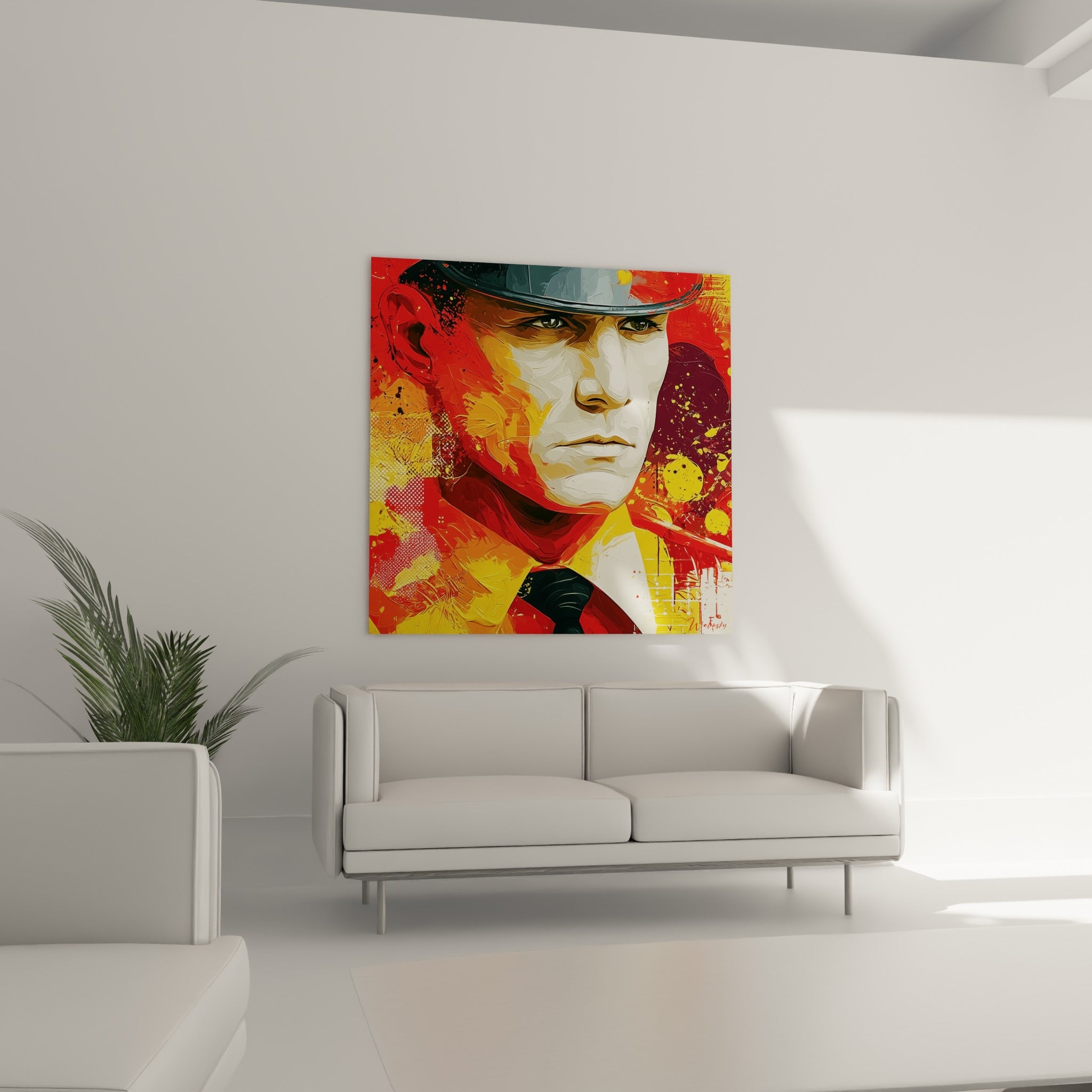 Visage de policier sculpté de blanc et rouge, casque anthracite, placé au-dessus d'un canapé dans un salon lumineux