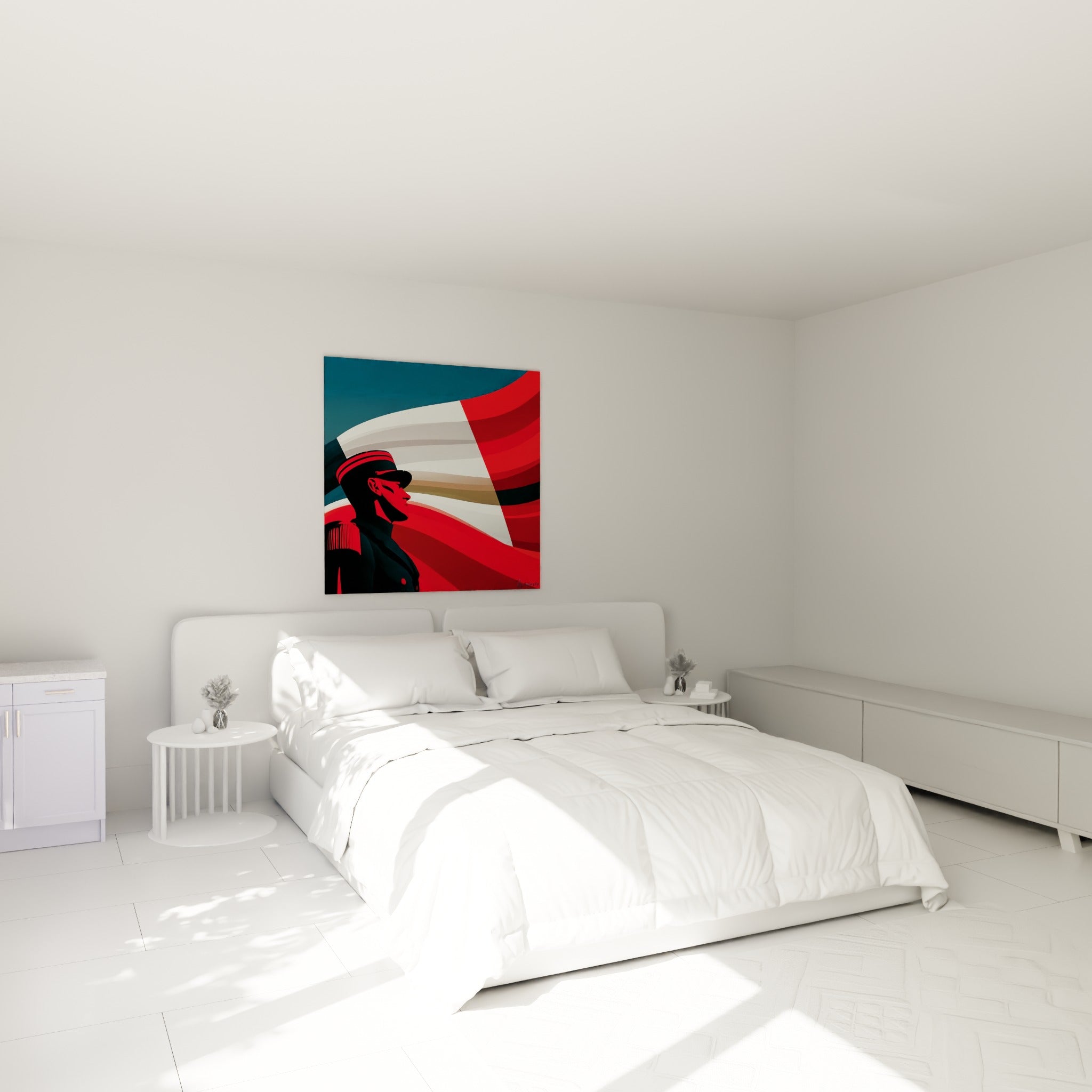 Silhouette d'officier casquetté aux tons rouge et anthracite, accrochée au-dessus d'un lit dans une chambre claire
