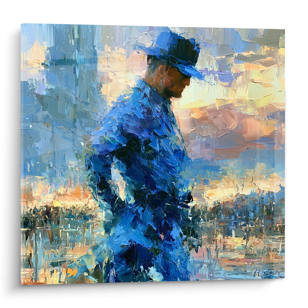 Tableau Silhouette au chapeau bleu et doré - Marche solitaire - Edition Police